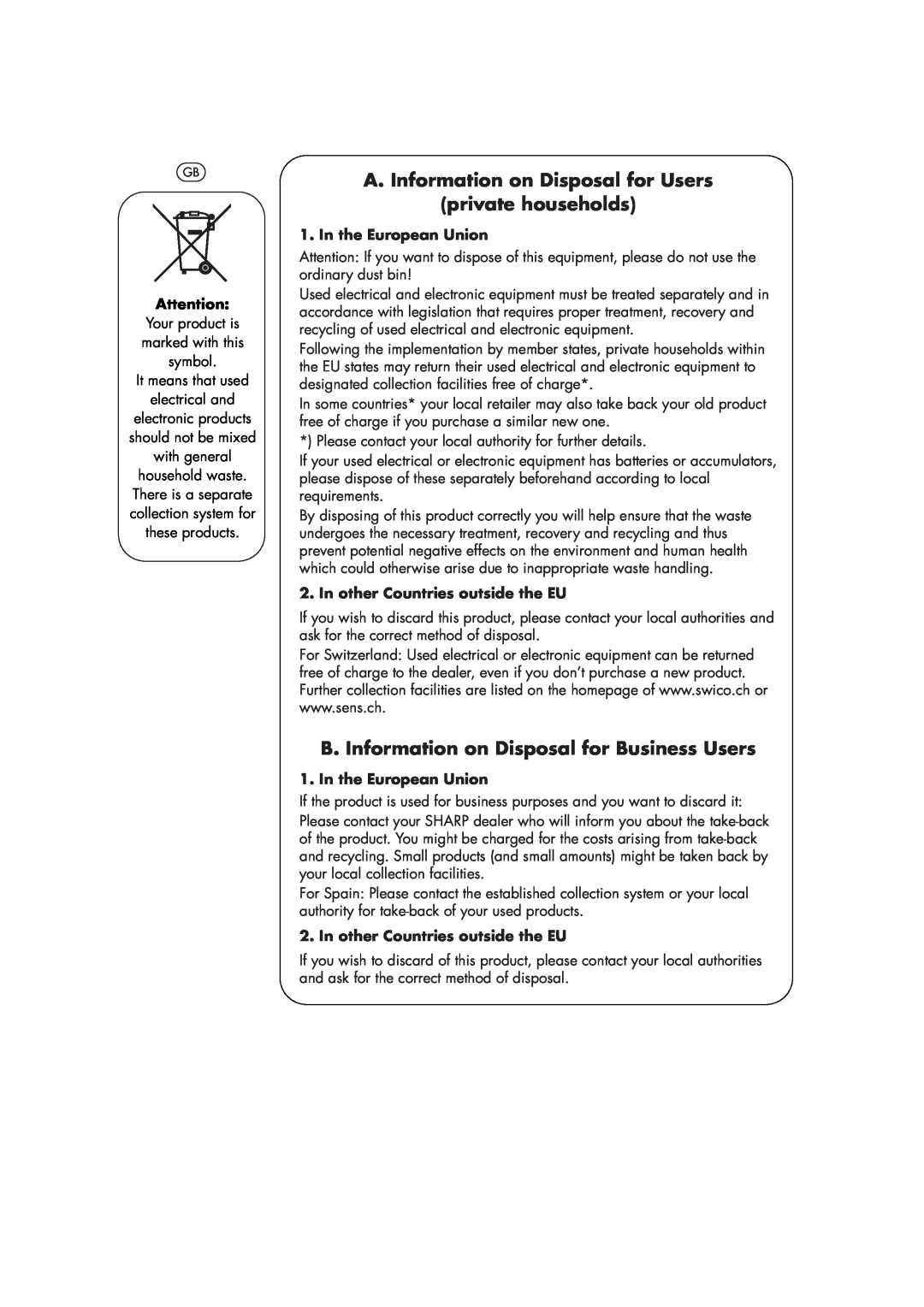 Sharp R-22AM manual A. Information on Disposal for Users, private households, B. Information on Disposal for Business Users 