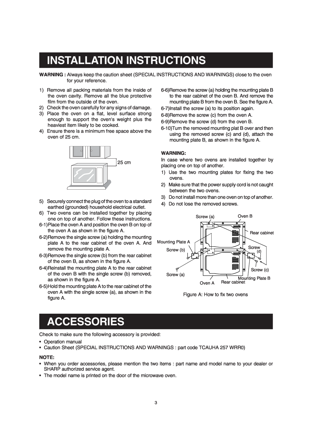 Sharp R-25AM, R-23AM, R-22AM manual Installation Instructions, Accessories 