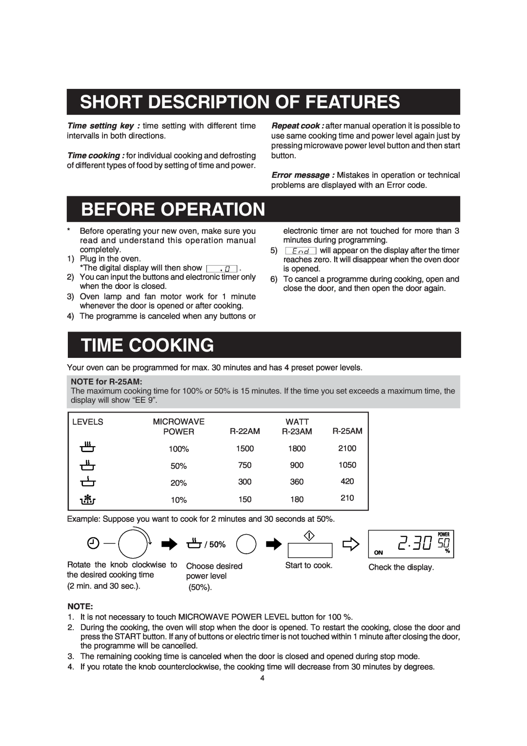 Sharp R-22AM, R-23AM manual Short Description Of Features, Before Operation, Time Cooking, NOTE for R-25AM 