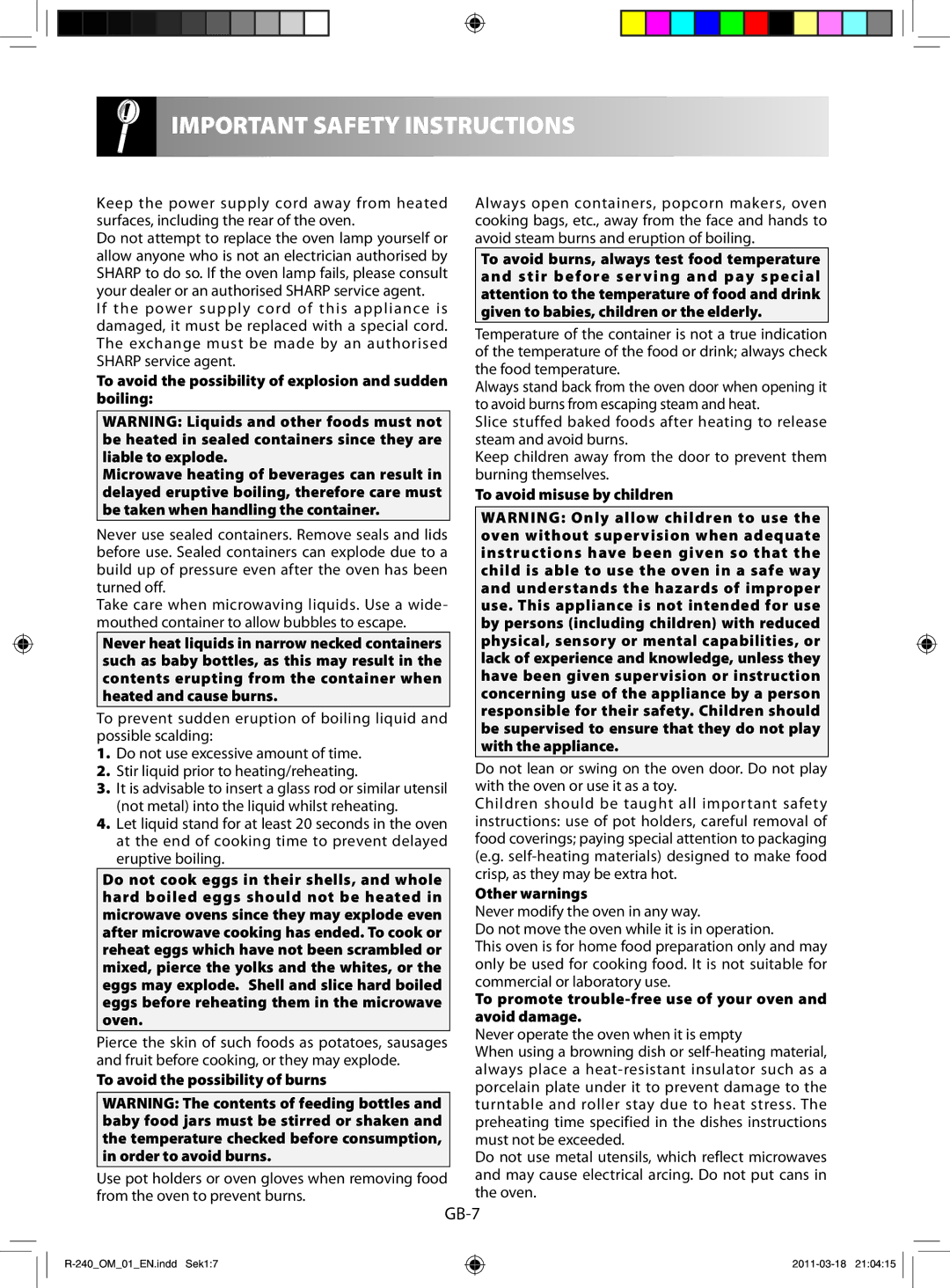 Sharp R-240 manual To avoid the possibility of burns, To avoid misuse by children, Other warnings 