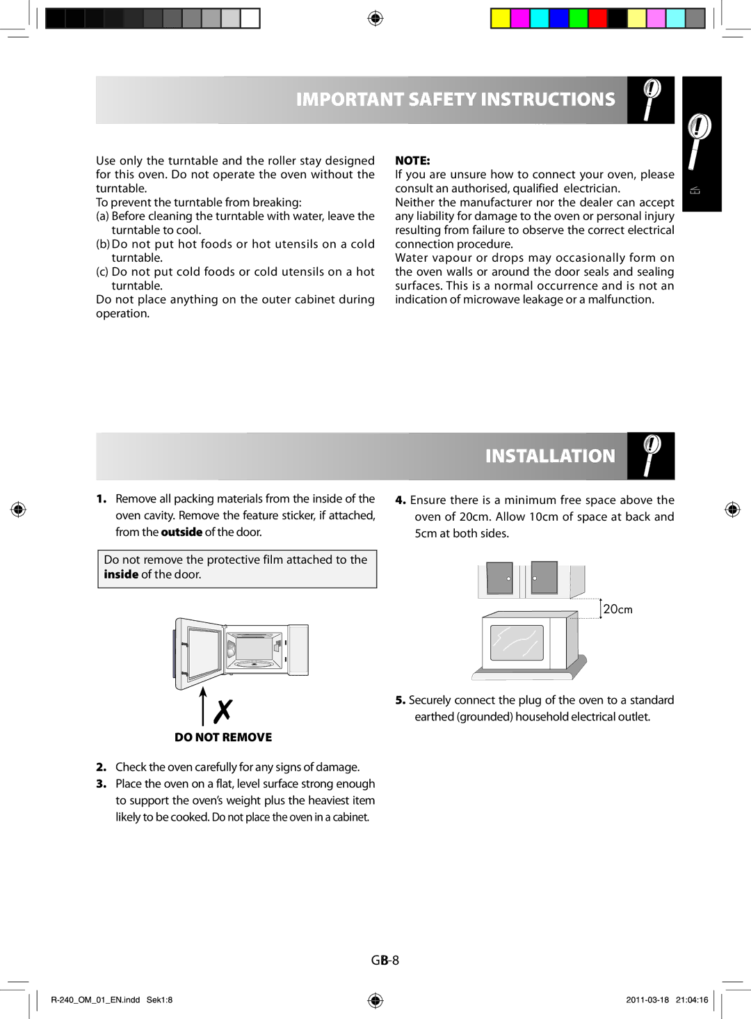 Sharp R-240 manual Installation, Check the oven carefully for any signs of damage 