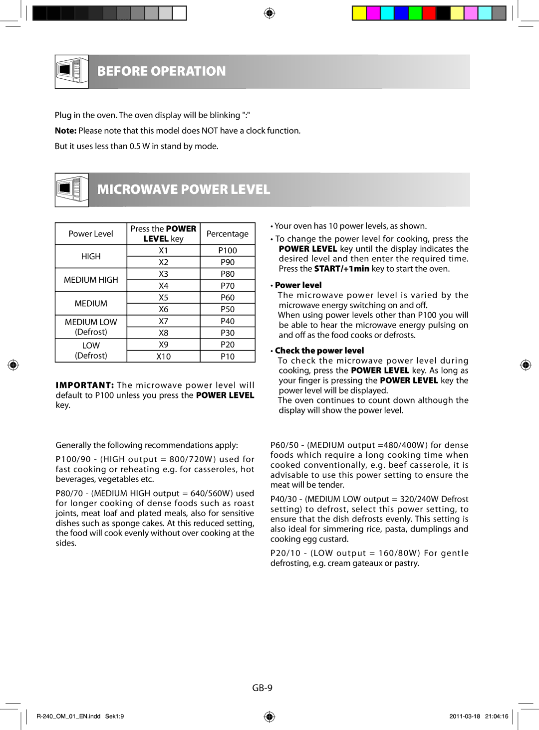 Sharp R-240 manual Before Operation, Microwave Power Level, Power level, Check the power level 