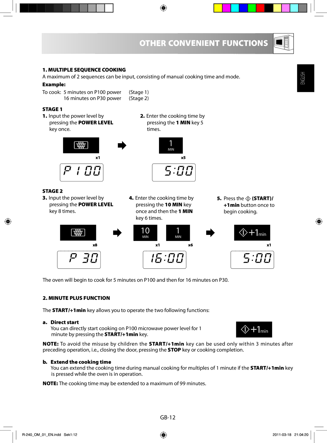 Sharp R-240 manual Other Convenient Functions, Multiple Sequence Cooking, Stage, Minute Plus Function 