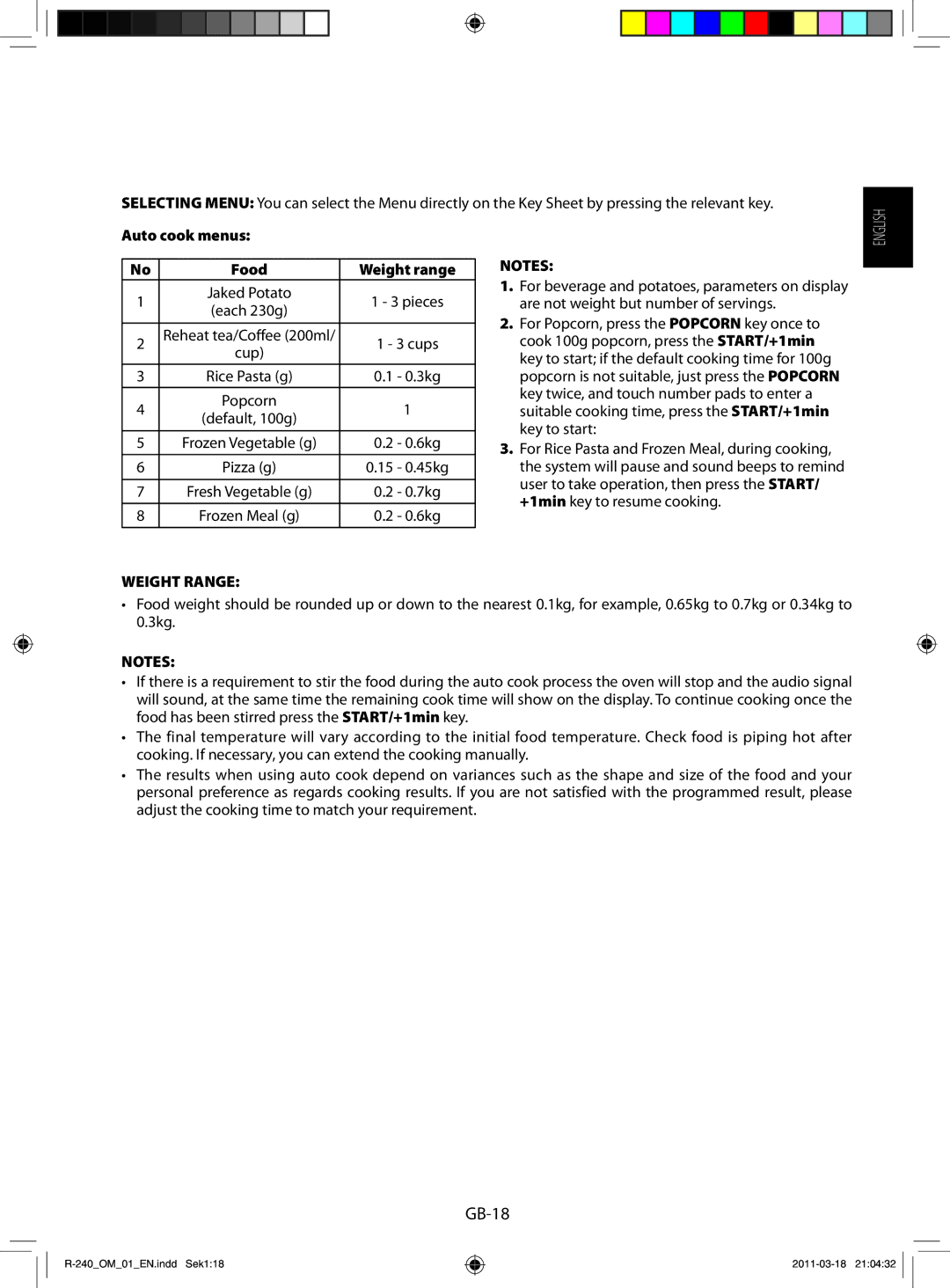 Sharp R-240 manual Auto cook menus Food Weight range, 3kg, 6kg, 45kg, 7kg 