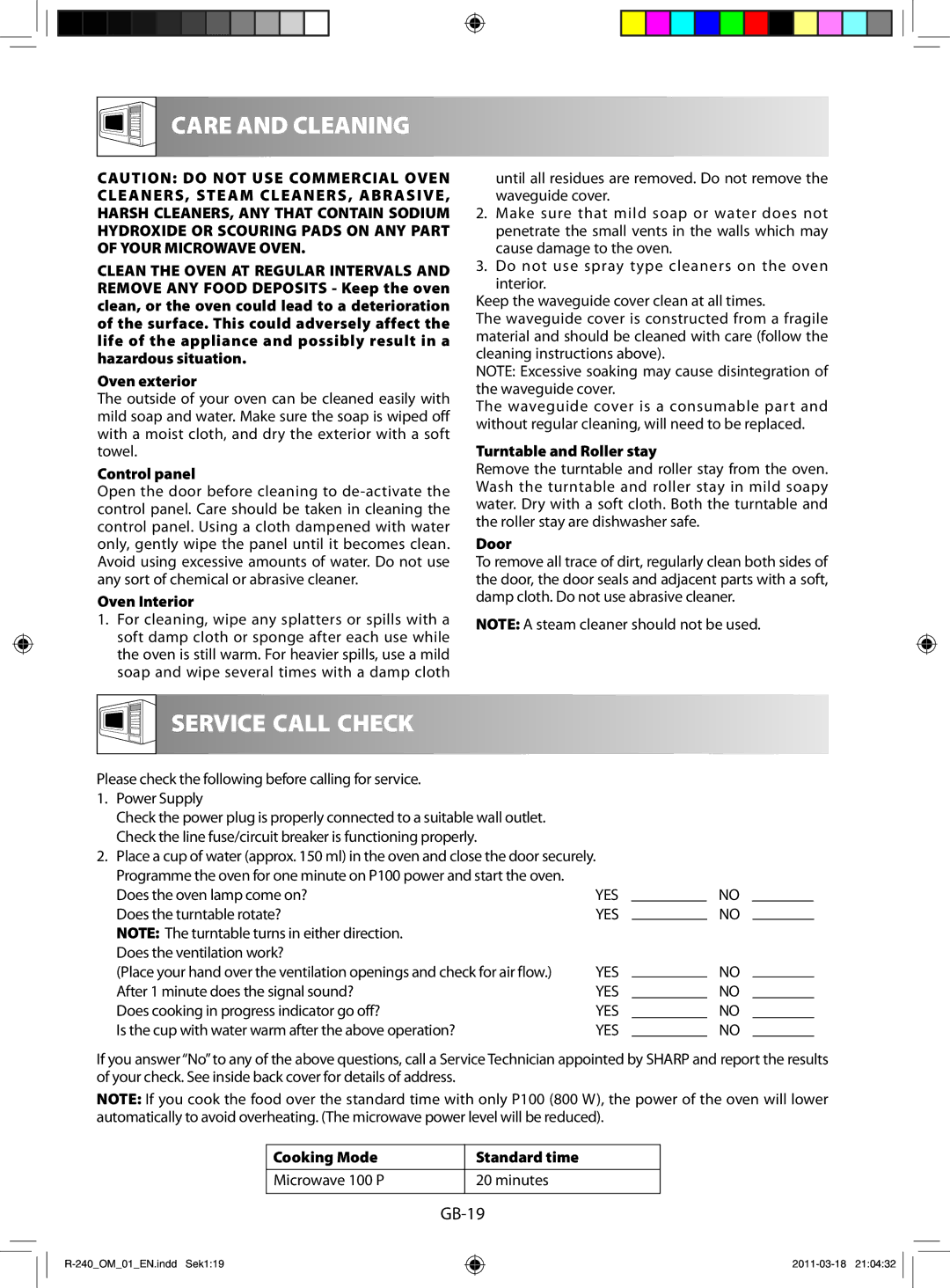 Sharp R-240 manual Care and Cleaning, Service Call Check 