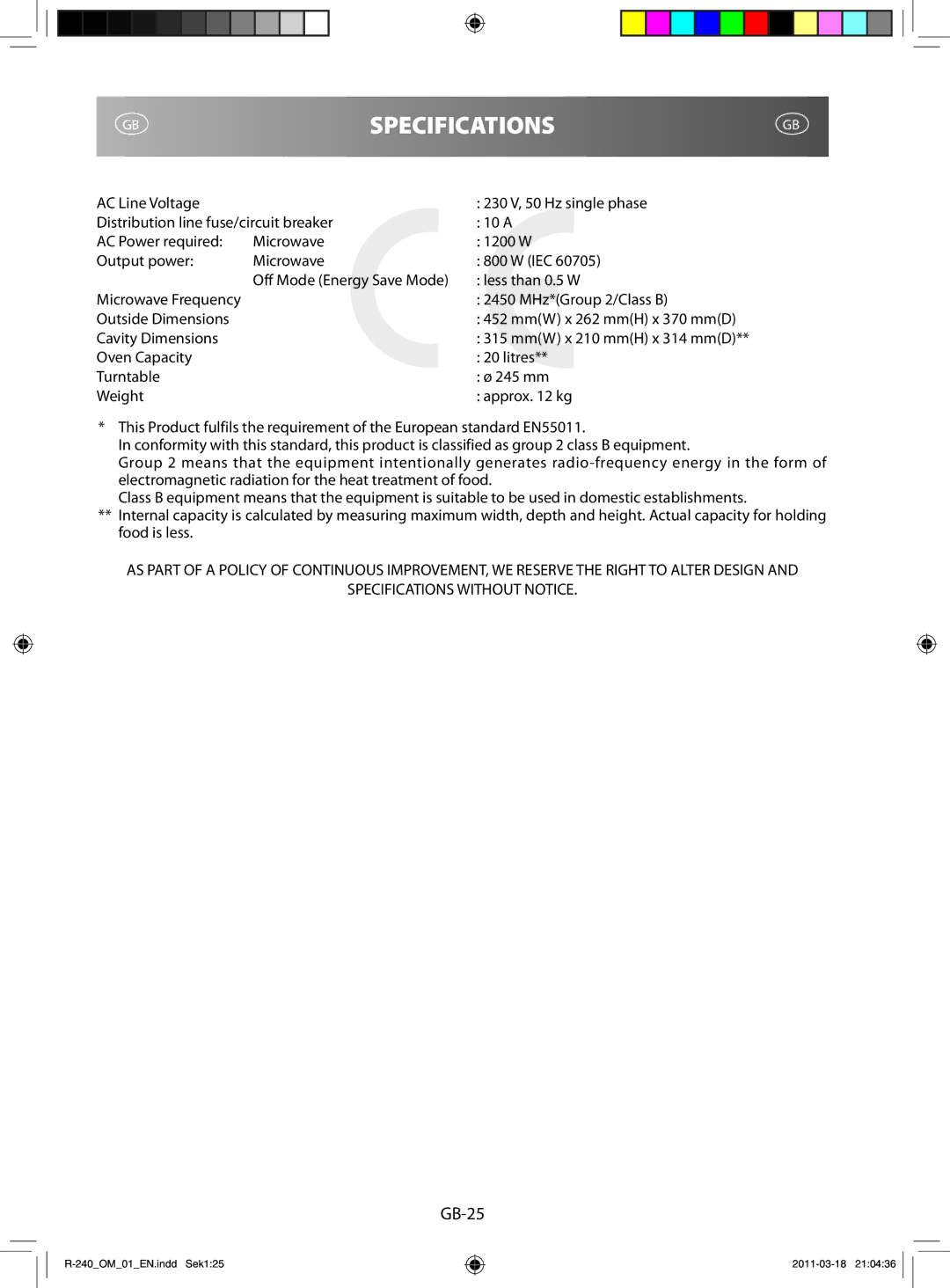 Sharp R-240 manual Gbspecifications, Cavity Dimensions 