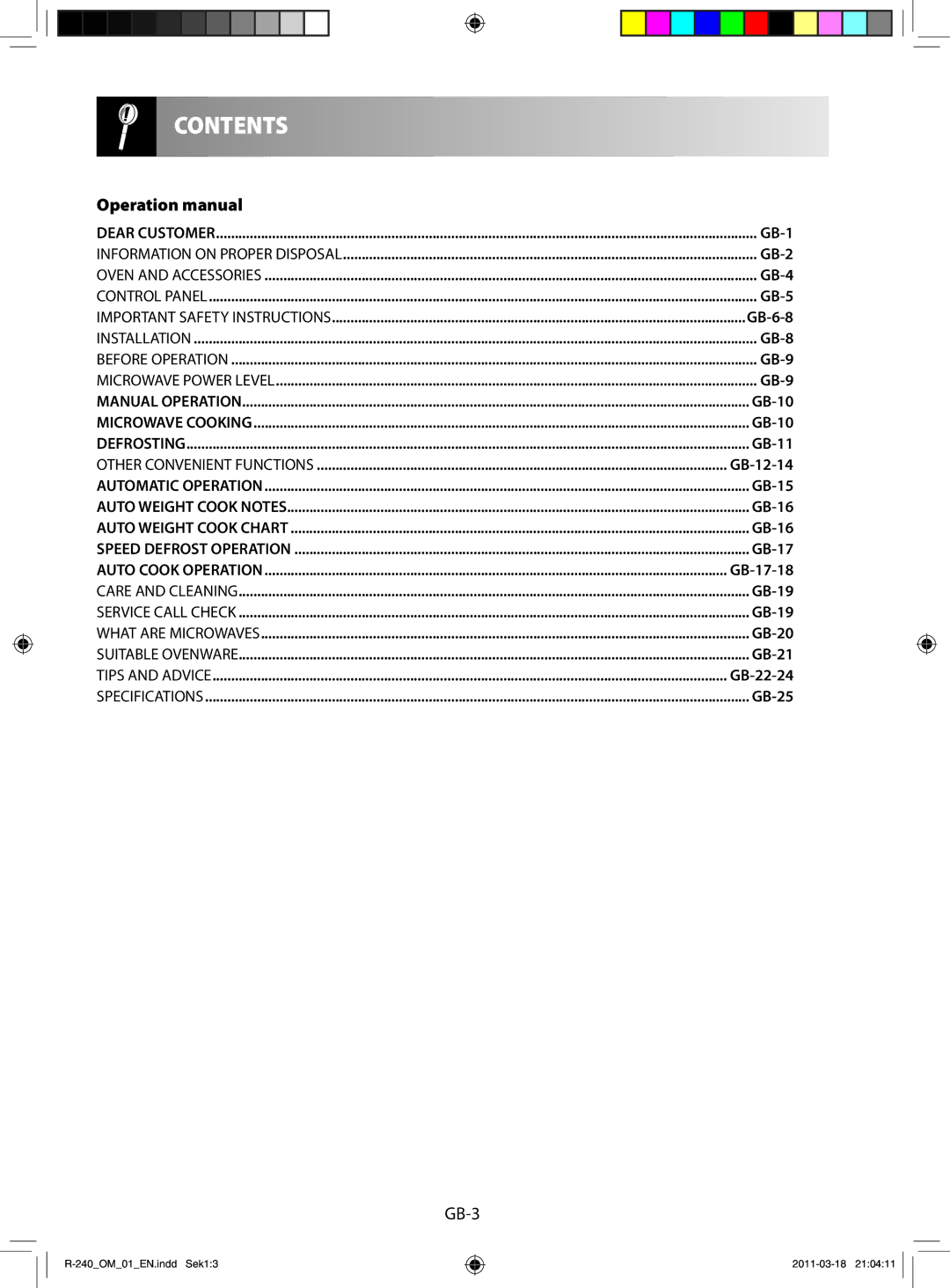 Sharp R-240 manual Contents 