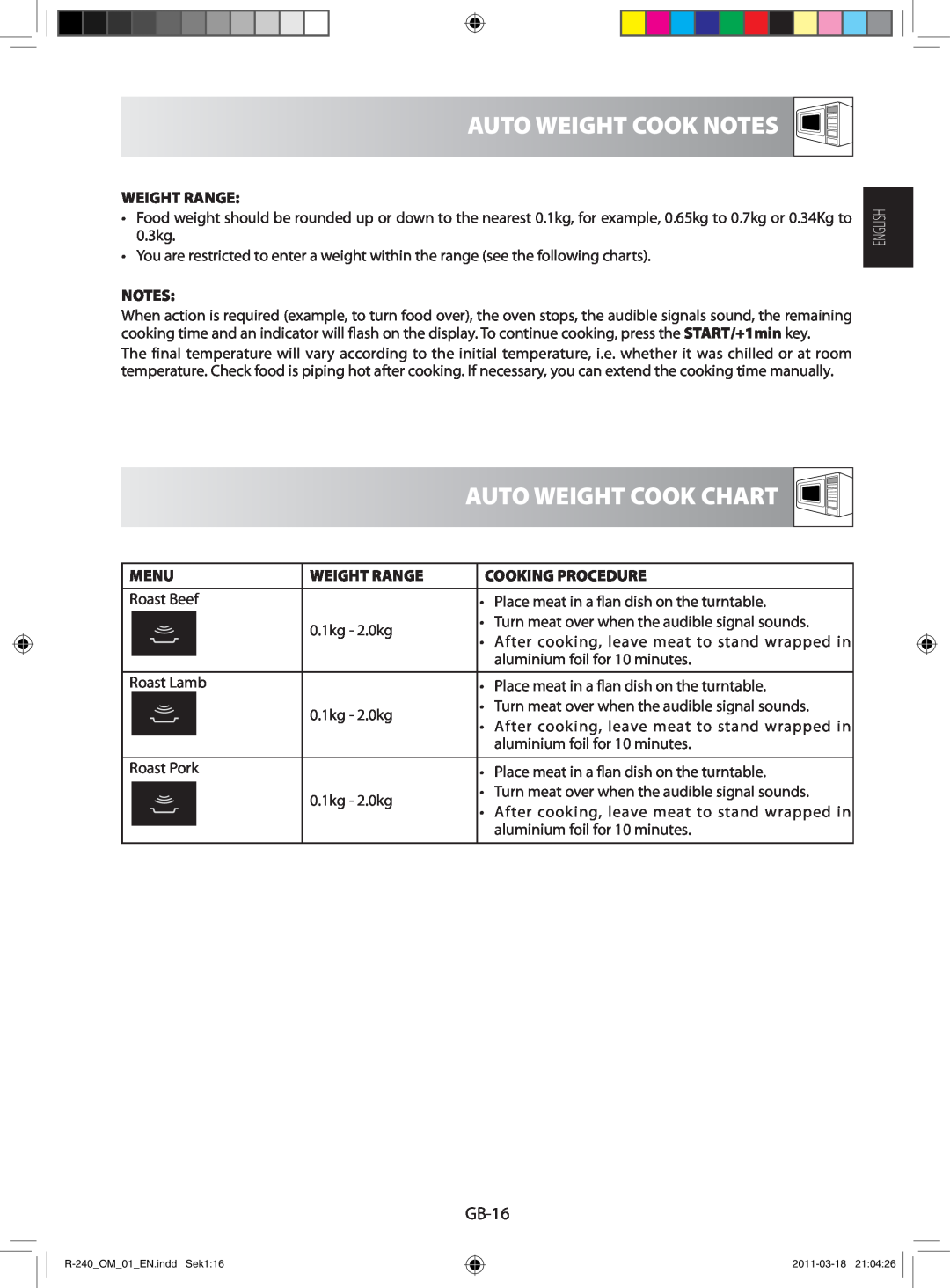 Sharp R-240 manual Auto Weight Cook Notes, Auto Weight Cook Chart, GB-16 
