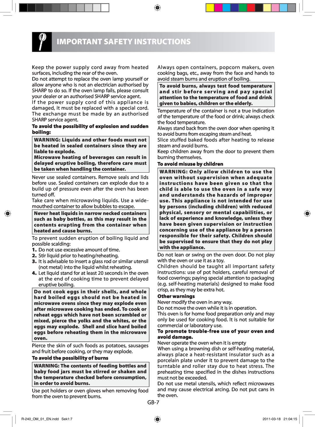 Sharp R-240 manual Important Safety Instructions, GB-7 