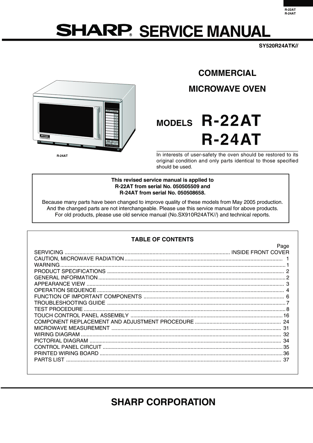 Sharp R-22AT, R-24AT service manual Commercial Microwave Oven, Table of Contents 