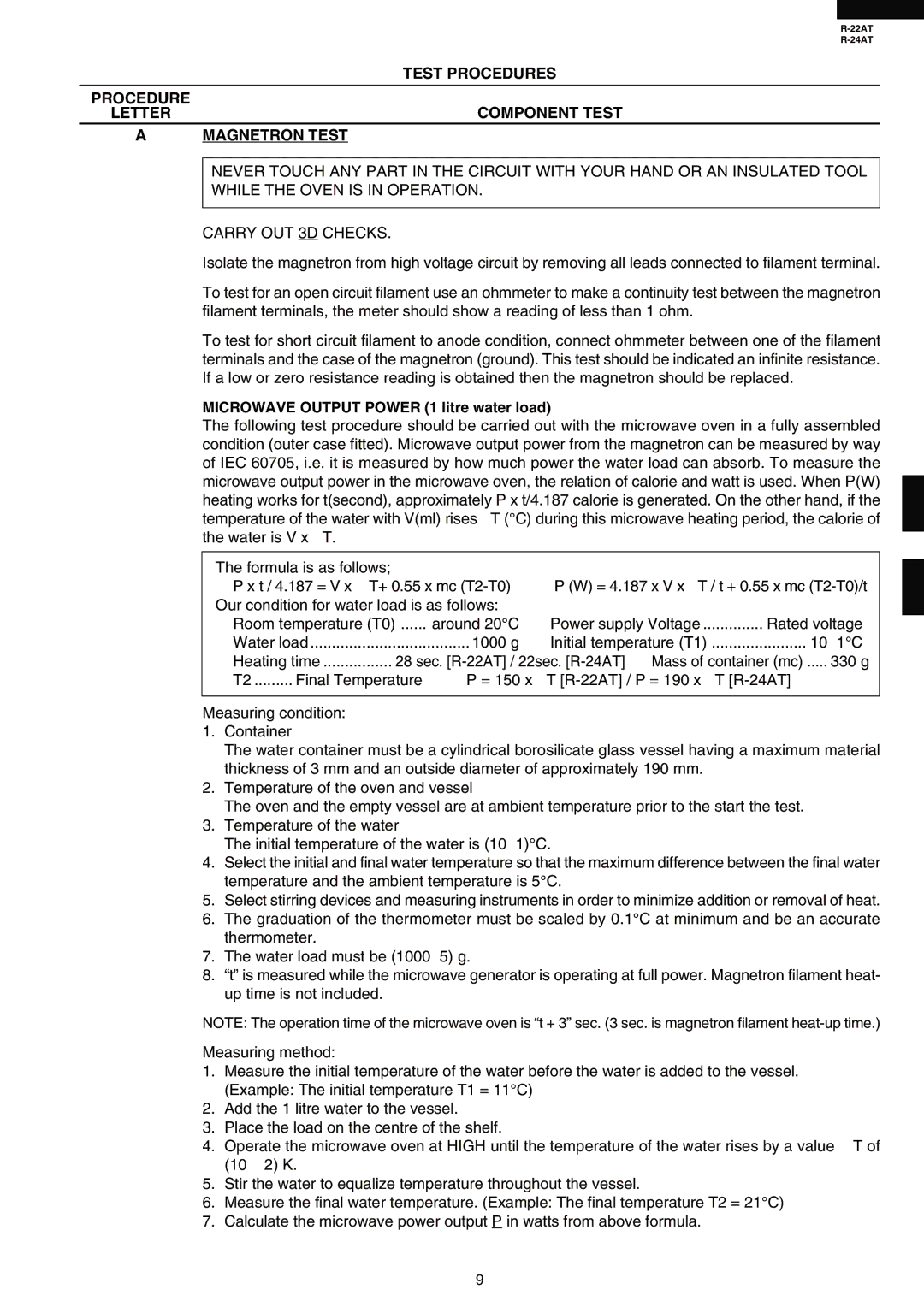 Sharp R-22AT Test Procedures, Procedure Letter Component Test Magnetron Test, Microwave Output Power 1 litre water load 