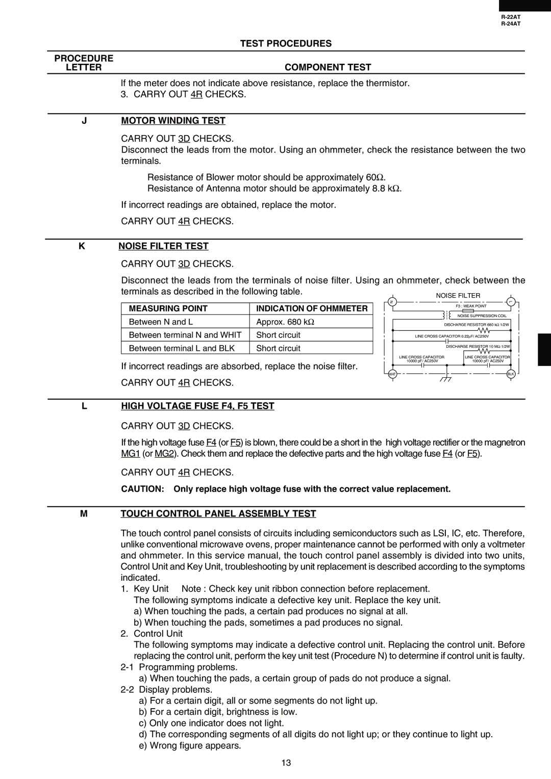 Sharp R-22AT, R-24AT service manual Motor Winding Test, Noise Filter Test, High Voltage Fuse F4, F5 Test Carry OUT 3D Checks 