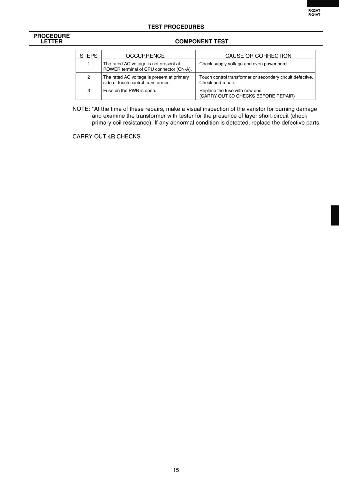 Sharp R-22AT, R-24AT service manual Test Procedures Letter Component Test, Occurrence Cause or Correction 