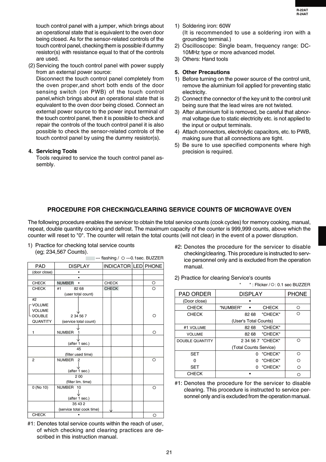 Sharp R-22AT, R-24AT service manual Servicing Tools, Other Precautions, PAD Order Display Phone 