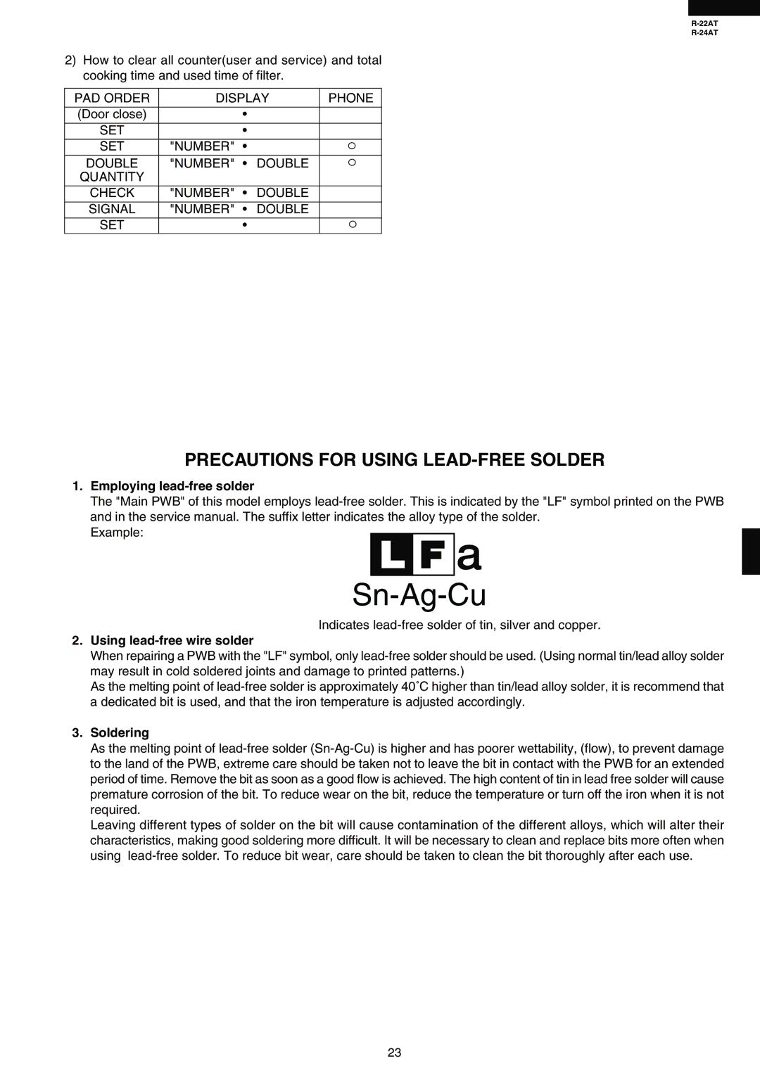 Sharp R-22AT Precautions for Using LEAD-FREE Solder, SET Number Double Quantity Check Signal, Employing lead-free solder 