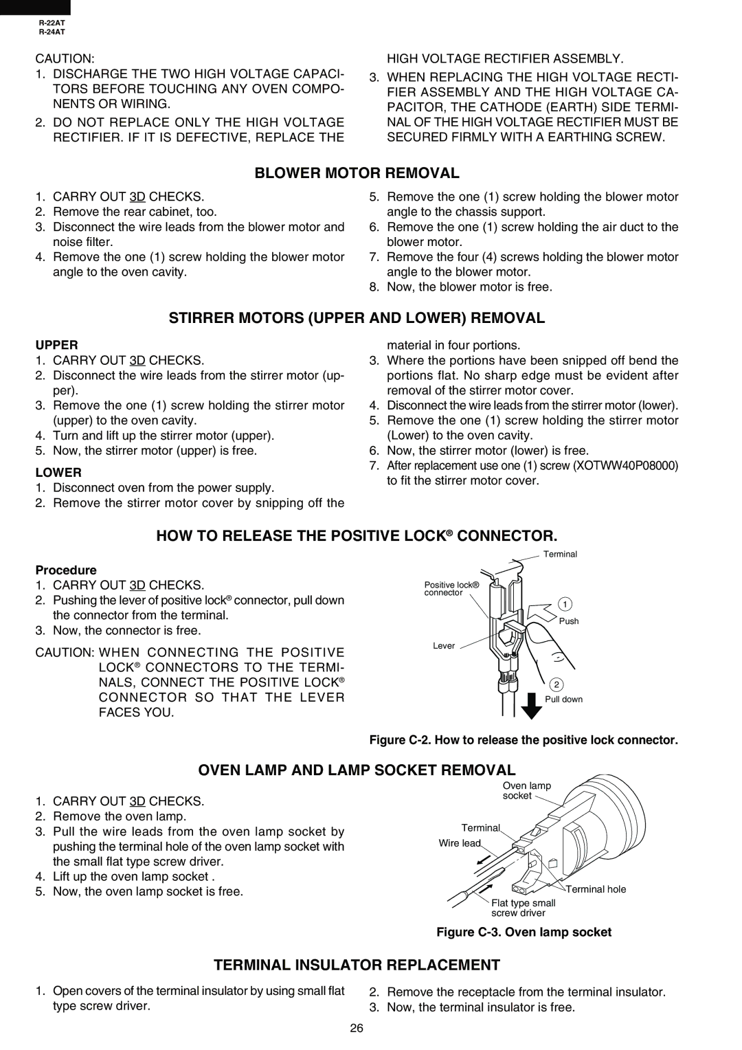 Sharp R-24AT Blower Motor Removal, Stirrer Motors Upper and Lower Removal, HOW to Release the Positive Lock Connector 