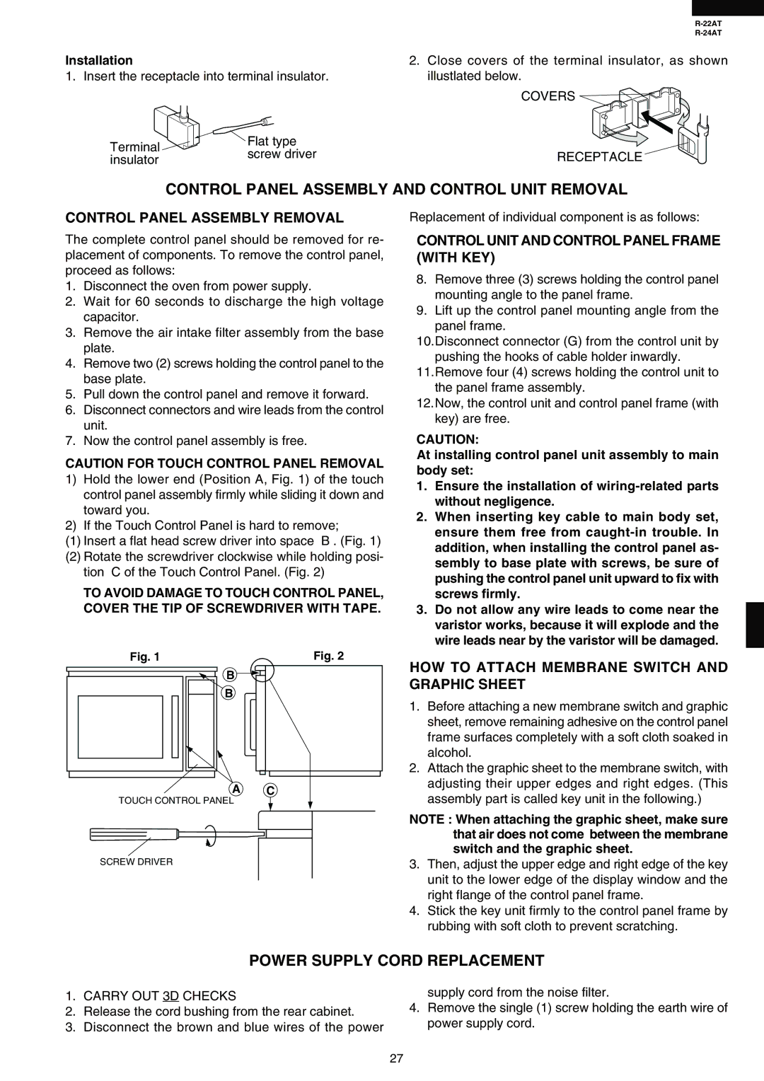 Sharp R-22AT, R-24AT service manual Control Panel Assembly and Control Unit Removal, Power Supply Cord Replacement 