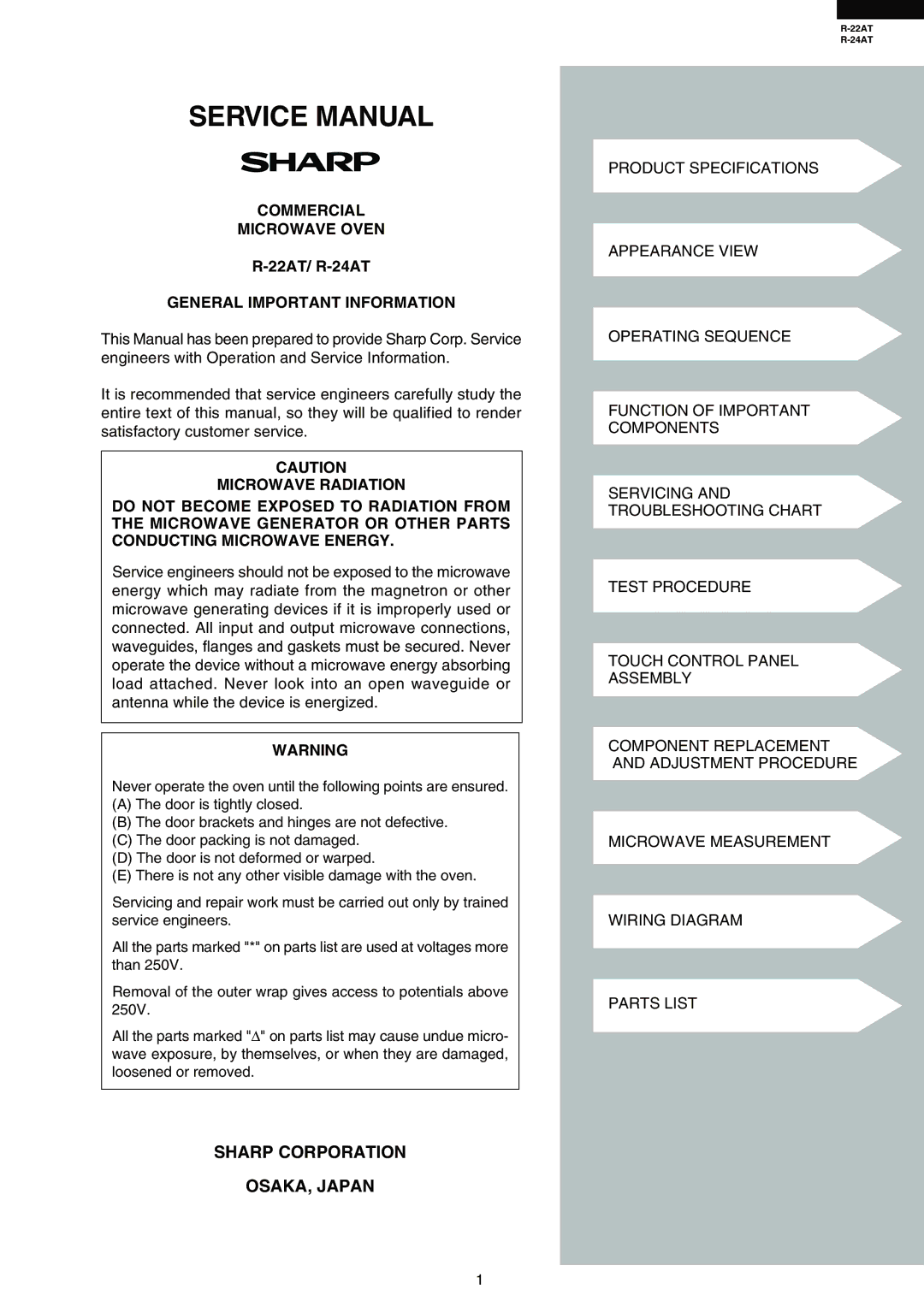 Sharp R-22AT Sharp Corporation OSAKA, Japan, Commercial Microwave Oven, 22AT/ R-24AT, General Important Information 