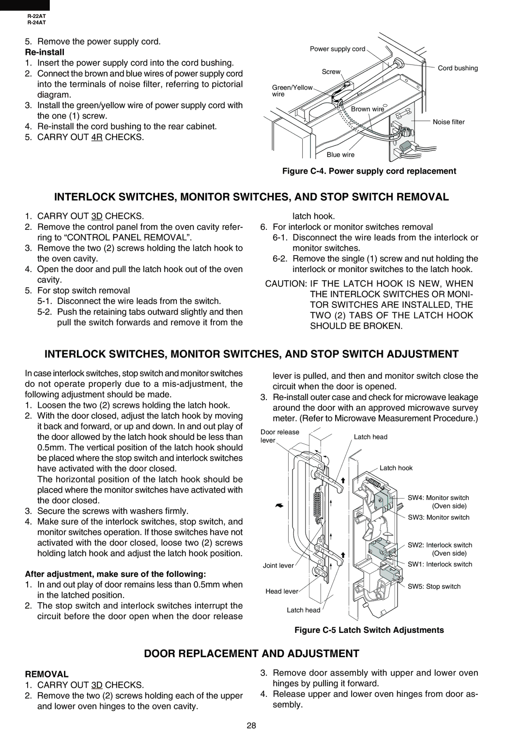 Sharp R-24AT, R-22AT service manual Door Replacement and Adjustment, After adjustment, make sure of the following, Removal 