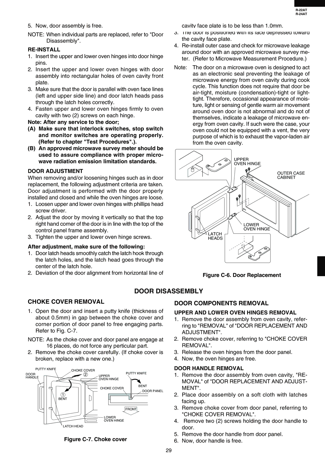 Sharp R-22AT, R-24AT service manual Door Disassembly, Choke Cover Removal, Door Components Removal 