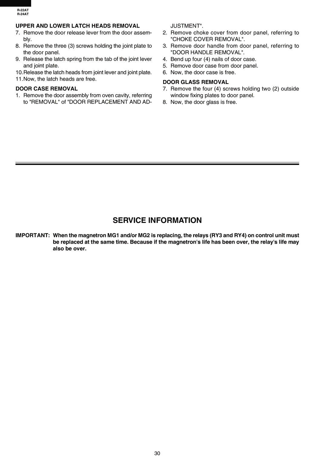 Sharp R-24AT, R-22AT Service Information, Upper and Lower Latch Heads Removal, Door Case Removal, Door Glass Removal 