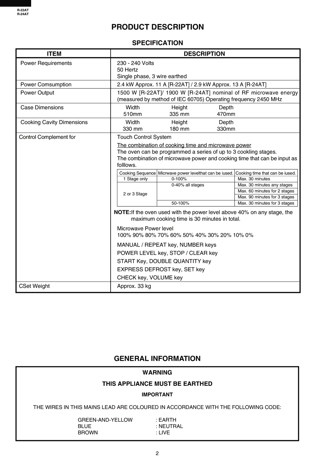 Sharp R-24AT, R-22AT service manual Specification, Description, This Appliance Must be Earthed, Brown Live 