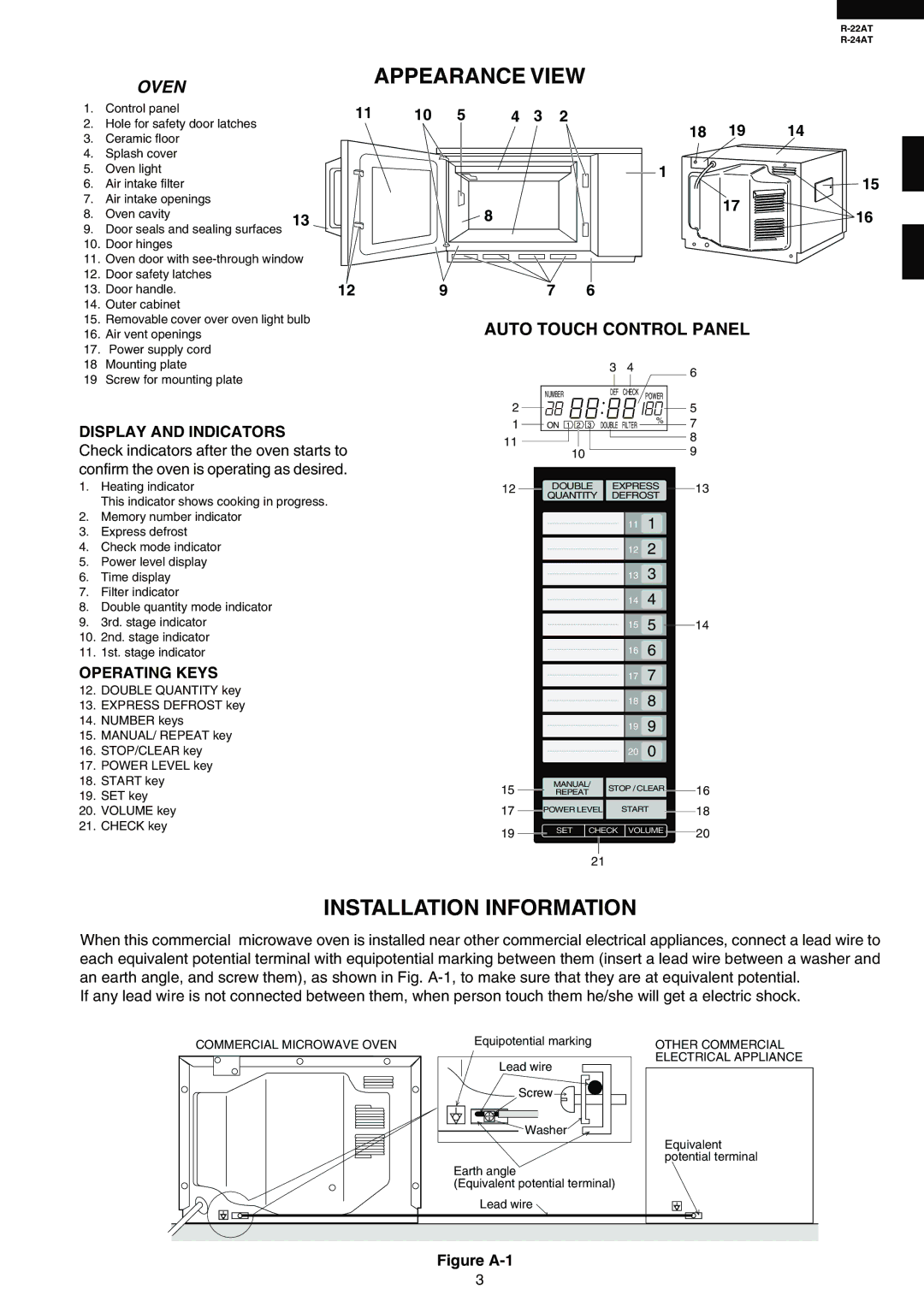 Sharp R-22AT Appearance View, Installation Information, Auto Touch Control Panel, Display and Indicators, Operating Keys 