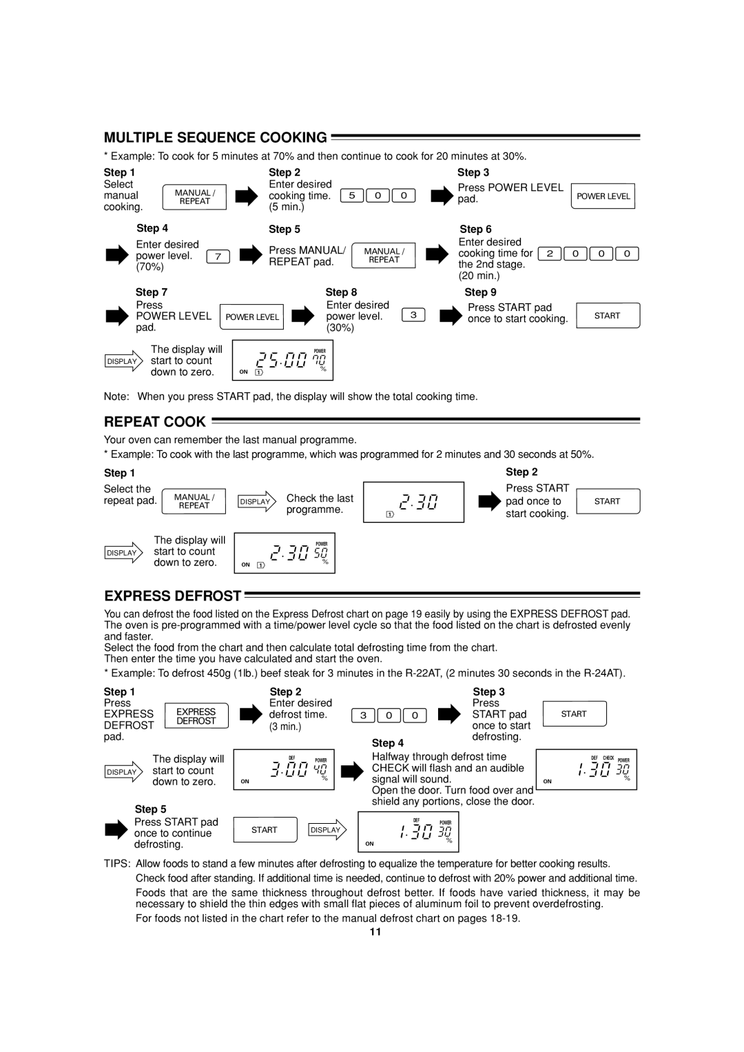 Sharp R-24AT, R-22AT operation manual Multiple Sequence Cooking, Repeat Cook, Express Defrost 