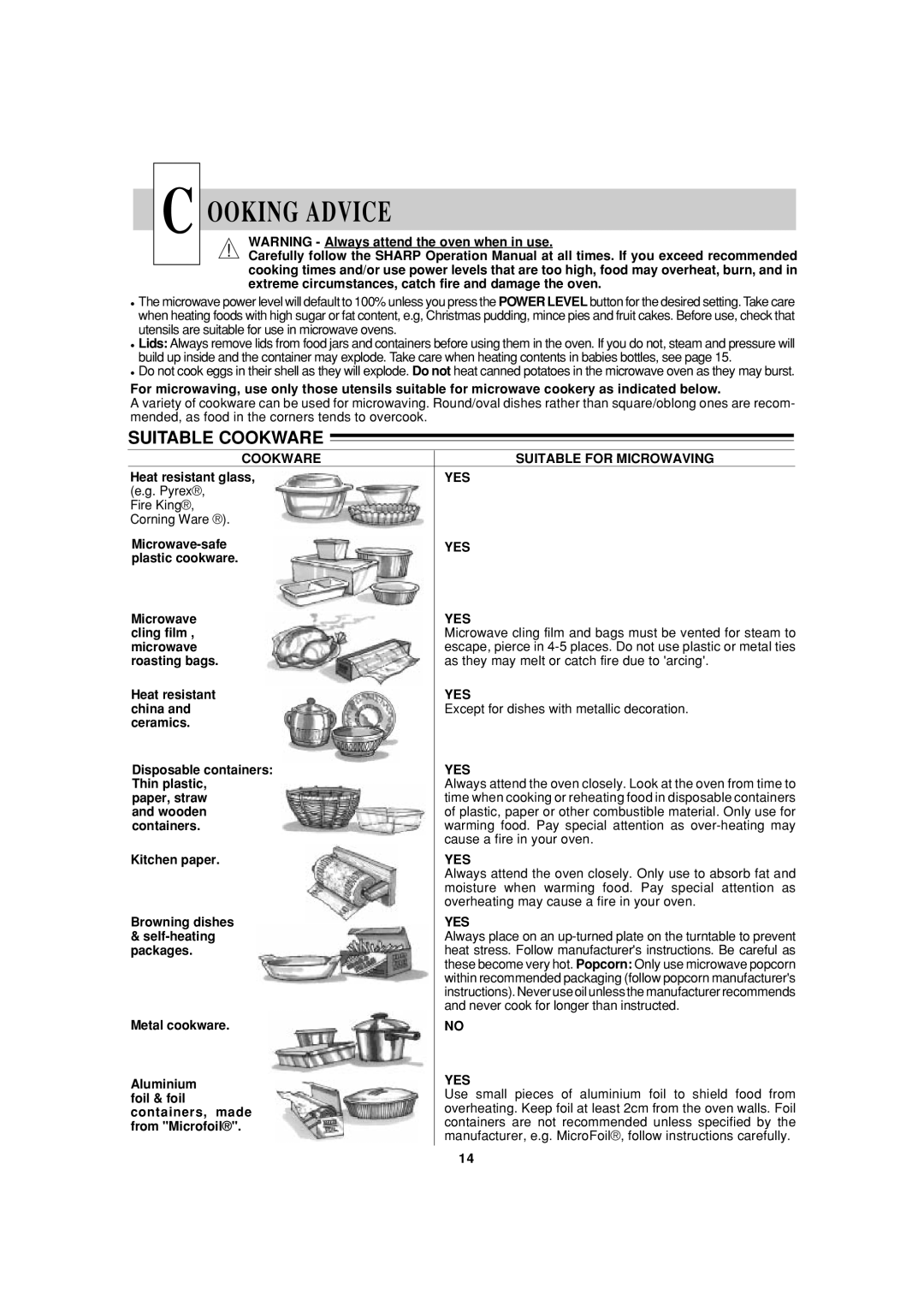 Sharp R-22AT, R-24AT operation manual Ooking Advice, Suitable Cookware, Cookware Suitable for Microwaving, Yes 