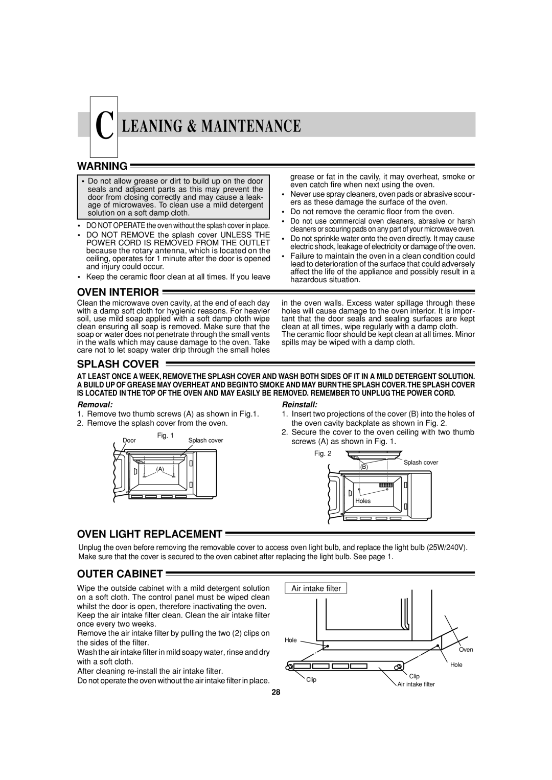 Sharp R-22AT, R-24AT Leaning & Maintenance, Oven Interior, Splash Cover, Oven Light Replacement, Outer Cabinet 