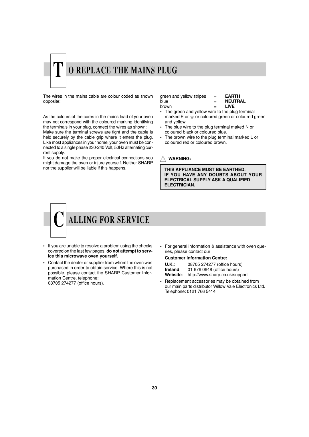 Sharp R-22AT, R-24AT operation manual Replace the Mains Plug, Alling for Service, Earth, Neutral, Live 