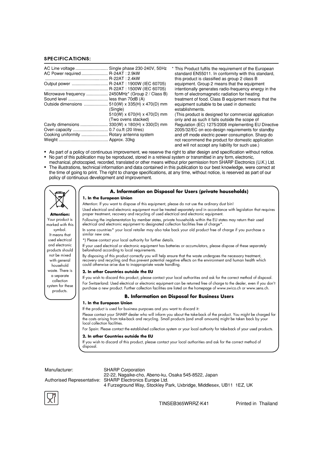 Sharp R-24AT, R-22AT operation manual Information on Disposal for Users private households 