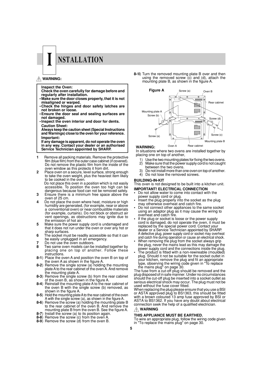 Sharp R-24AT, R-22AT Nstallation, Building-In-Kit, IMPORTANT! Electrical Connection, This Appliance Must be Earthed 