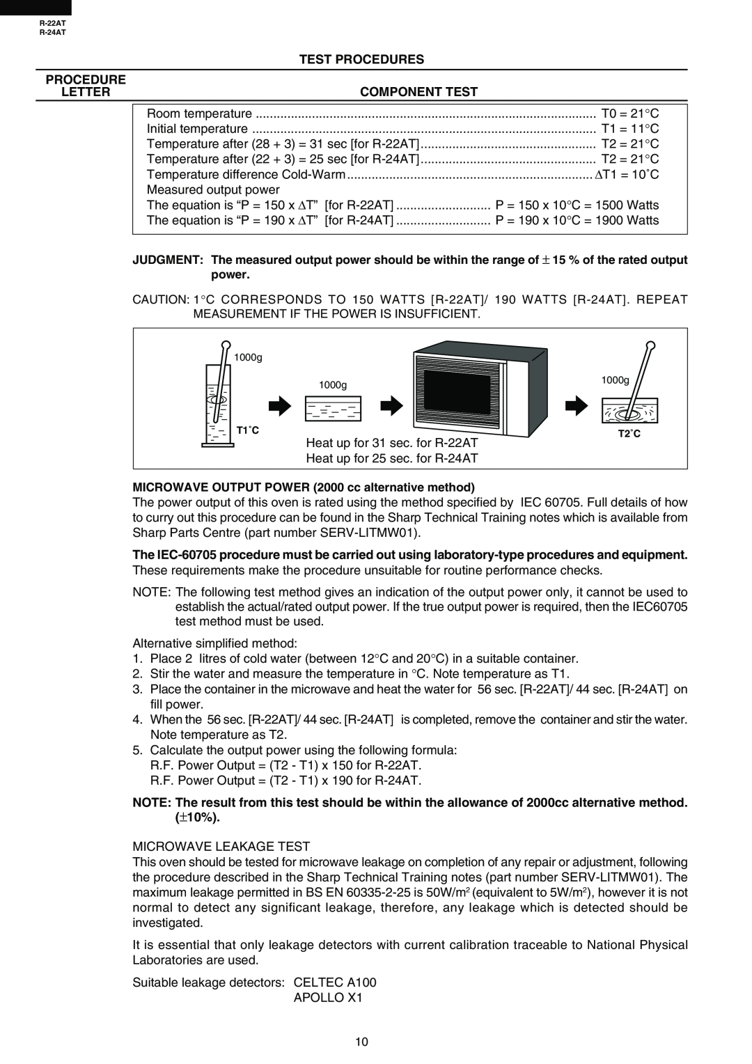 Sharp R-24AT, R-22AT power, MICROWAVE OUTPUT POWER 2000 cc alternative method, Test Procedures, Letter, Component Test 