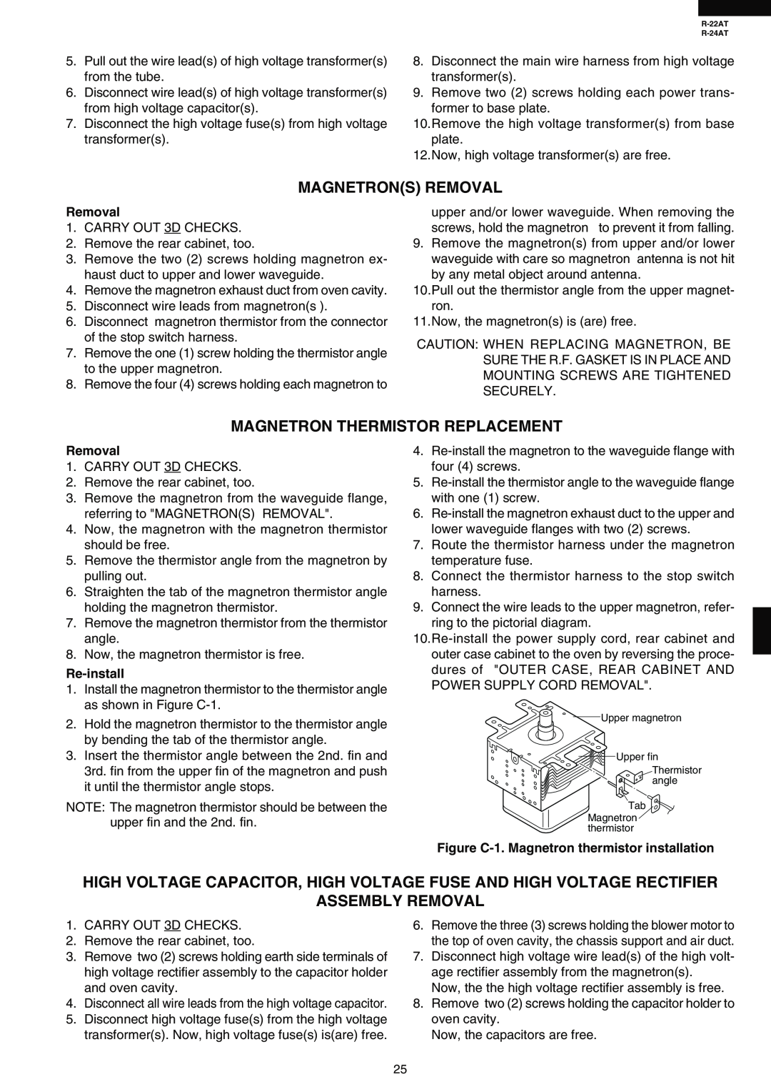 Sharp R-22AT, R-24AT service manual Magnetrons Removal, Magnetron Thermistor Replacement, Assembly Removal, Re-install 