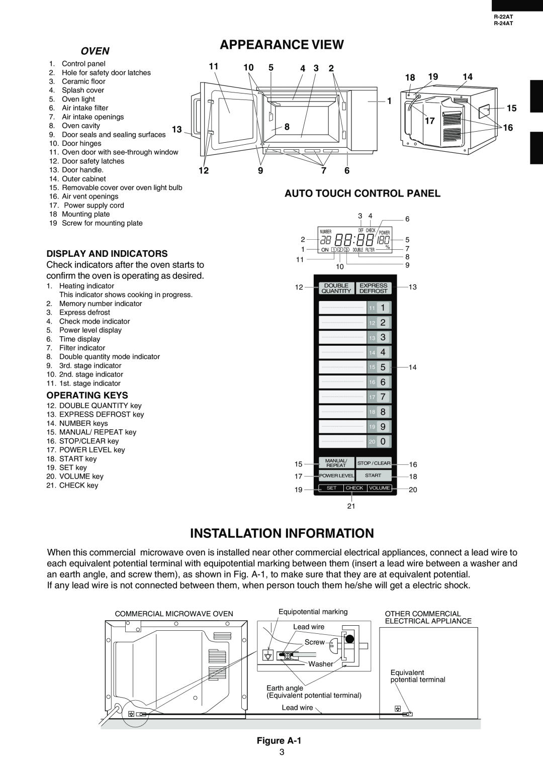 Sharp R-22AT Appearance View, Installation Information, Auto Touch Control Panel, Display And Indicators, Operating Keys 