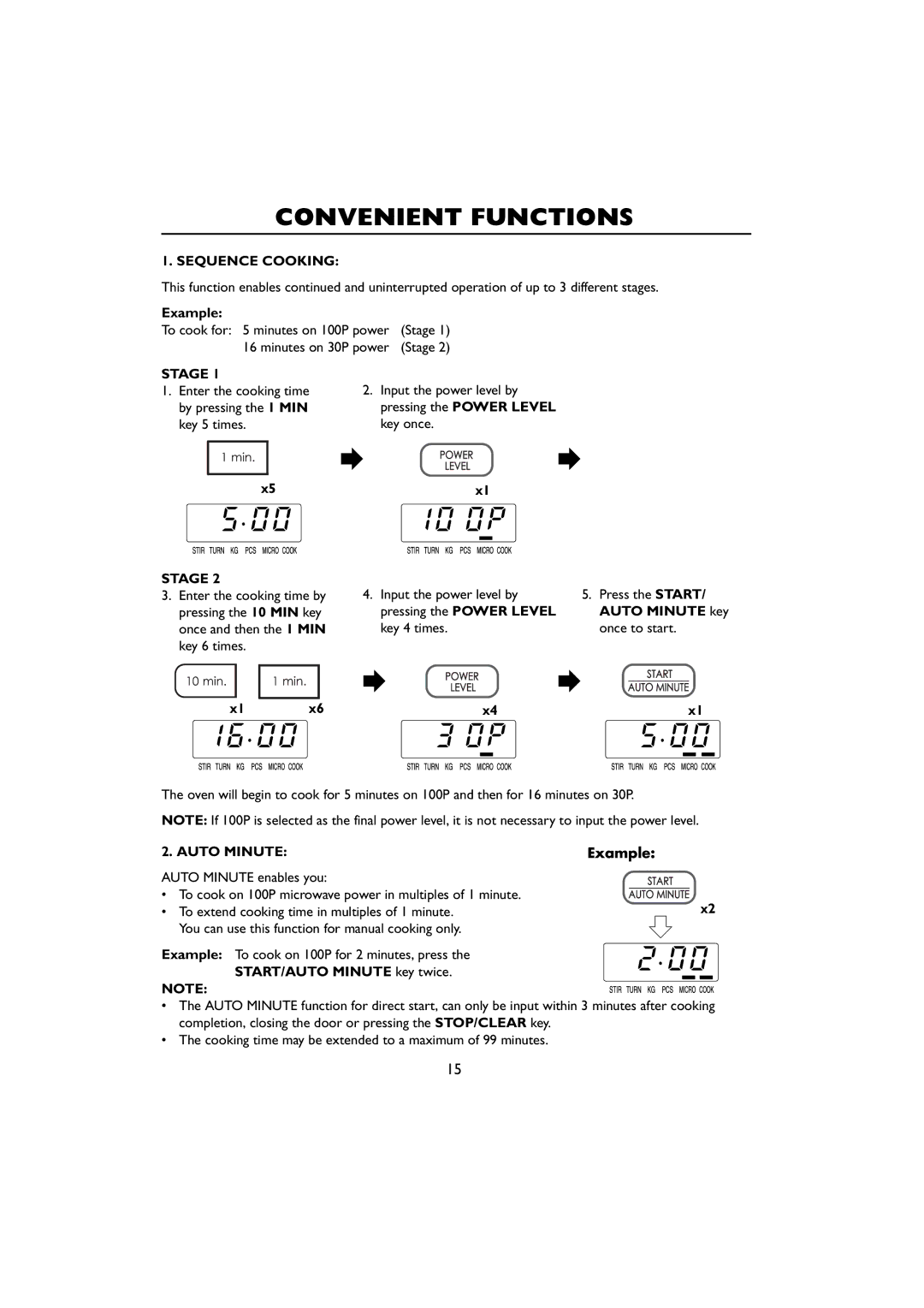 Sharp R-259 operation manual Convenient Functions, Sequence Cooking, Stage, Auto Minute, START/AUTO Minute key twice 