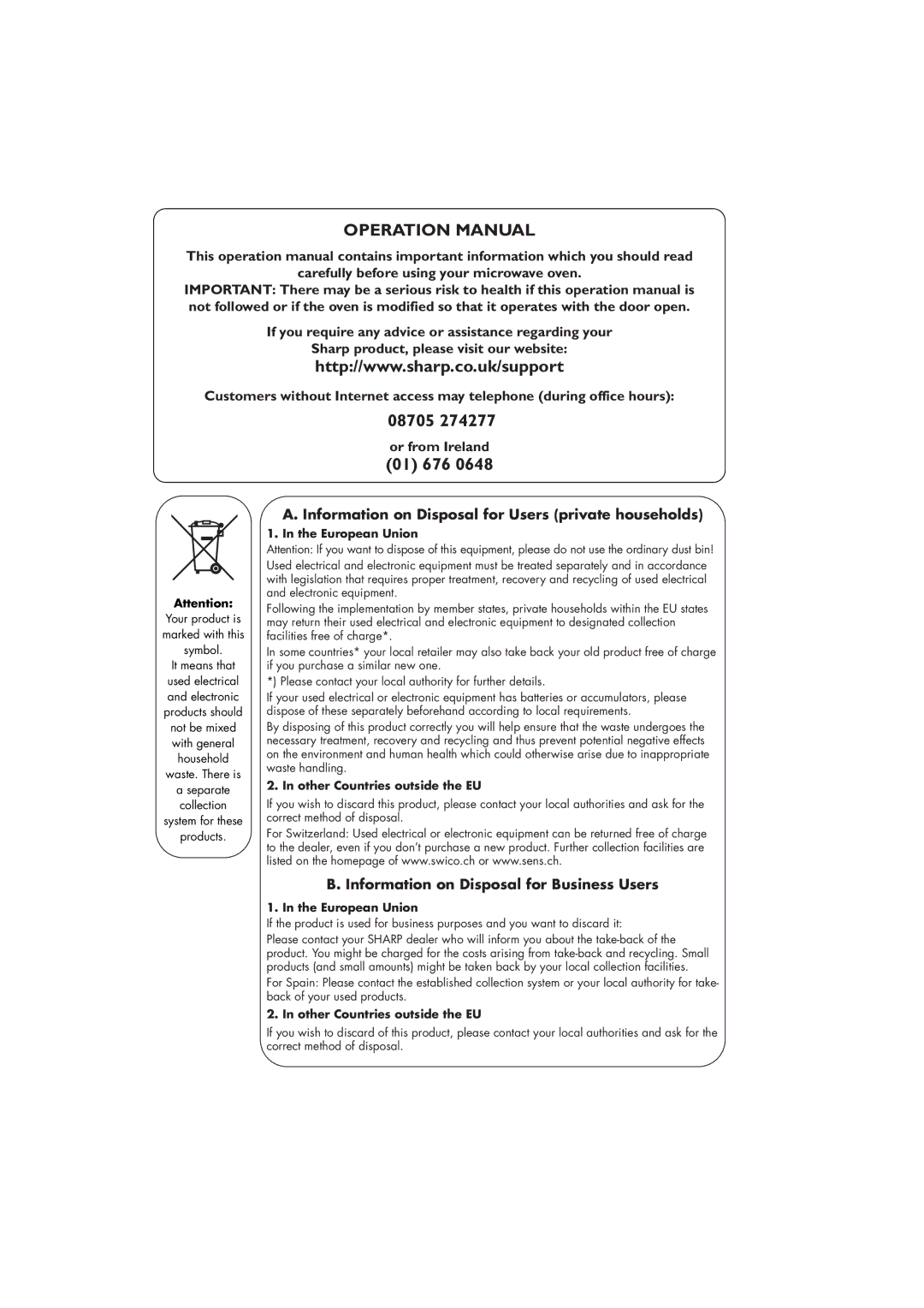 Sharp R-259 operation manual Or from Ireland, Information on Disposal for Users private households 