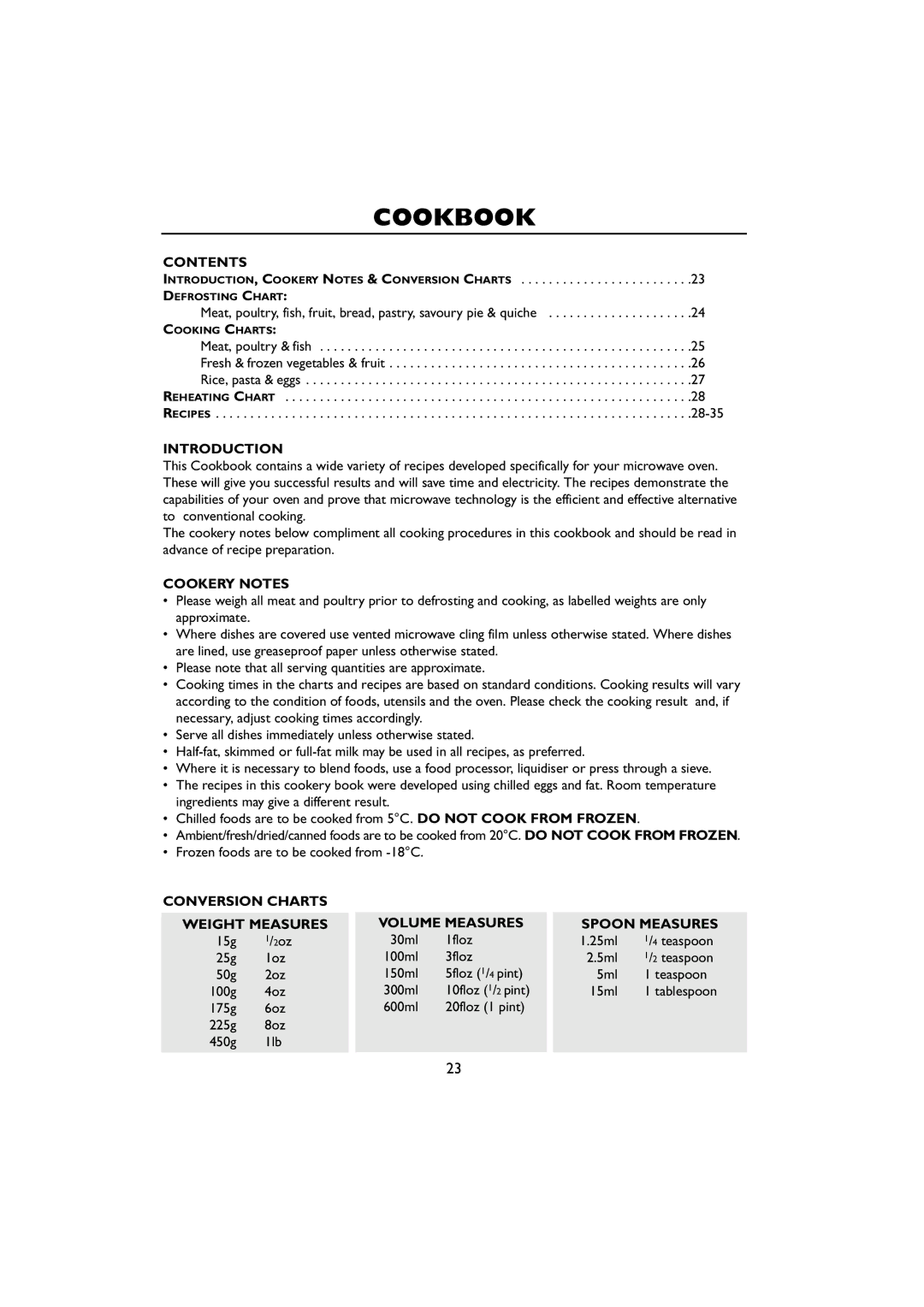 Sharp R-259 operation manual Cookbook, Contents, Introduction, Cookery Notes 