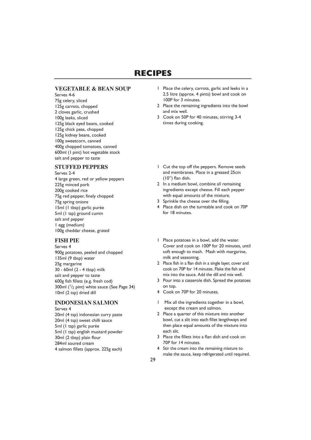 Sharp R-259 Vegetable & Bean Soup, Stuffed Peppers, Fish PIE, Indonesian Salmon, Egg medium 100g cheddar cheese, grated 