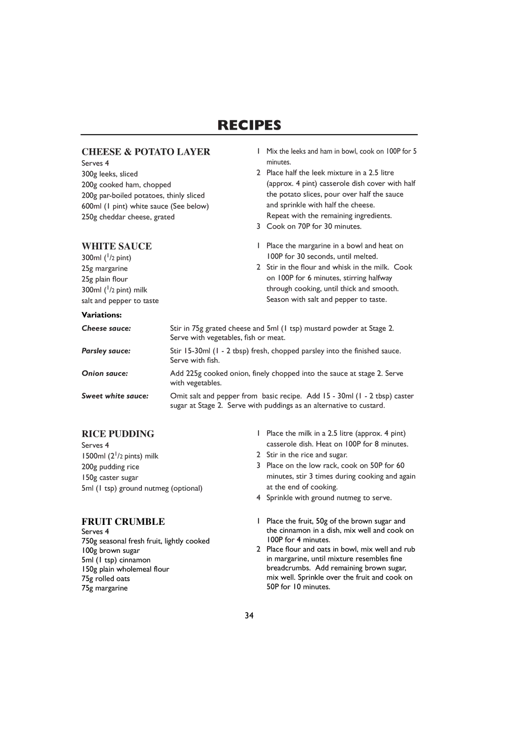 Sharp R-259 operation manual Cheese & Potato Layer, White Sauce, Rice Pudding, Fruit Crumble, Variations 