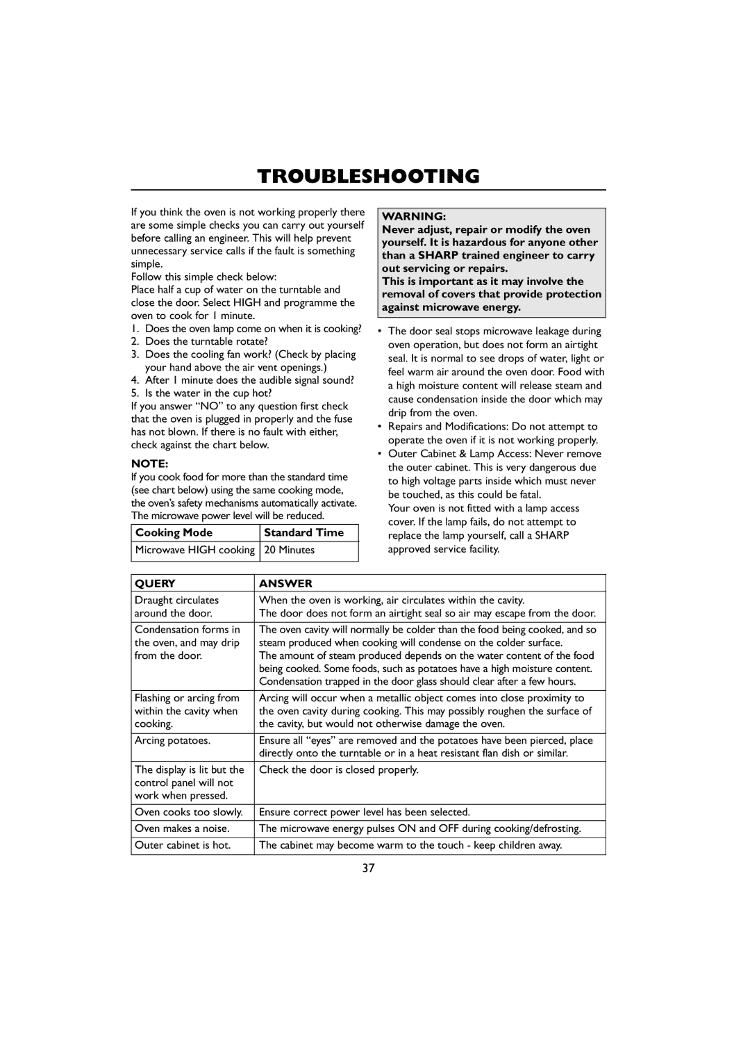 Sharp R-259 operation manual Troubleshooting, Query Answer 