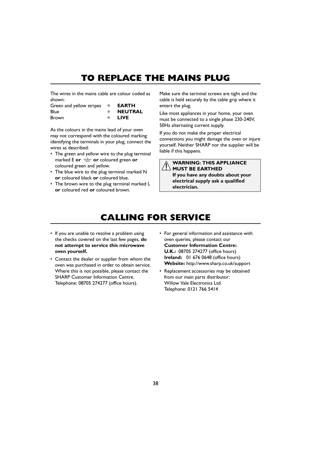 Sharp R-259 operation manual To Replace the Mains Plug, Calling for Service, Earth, Neutral, Live 