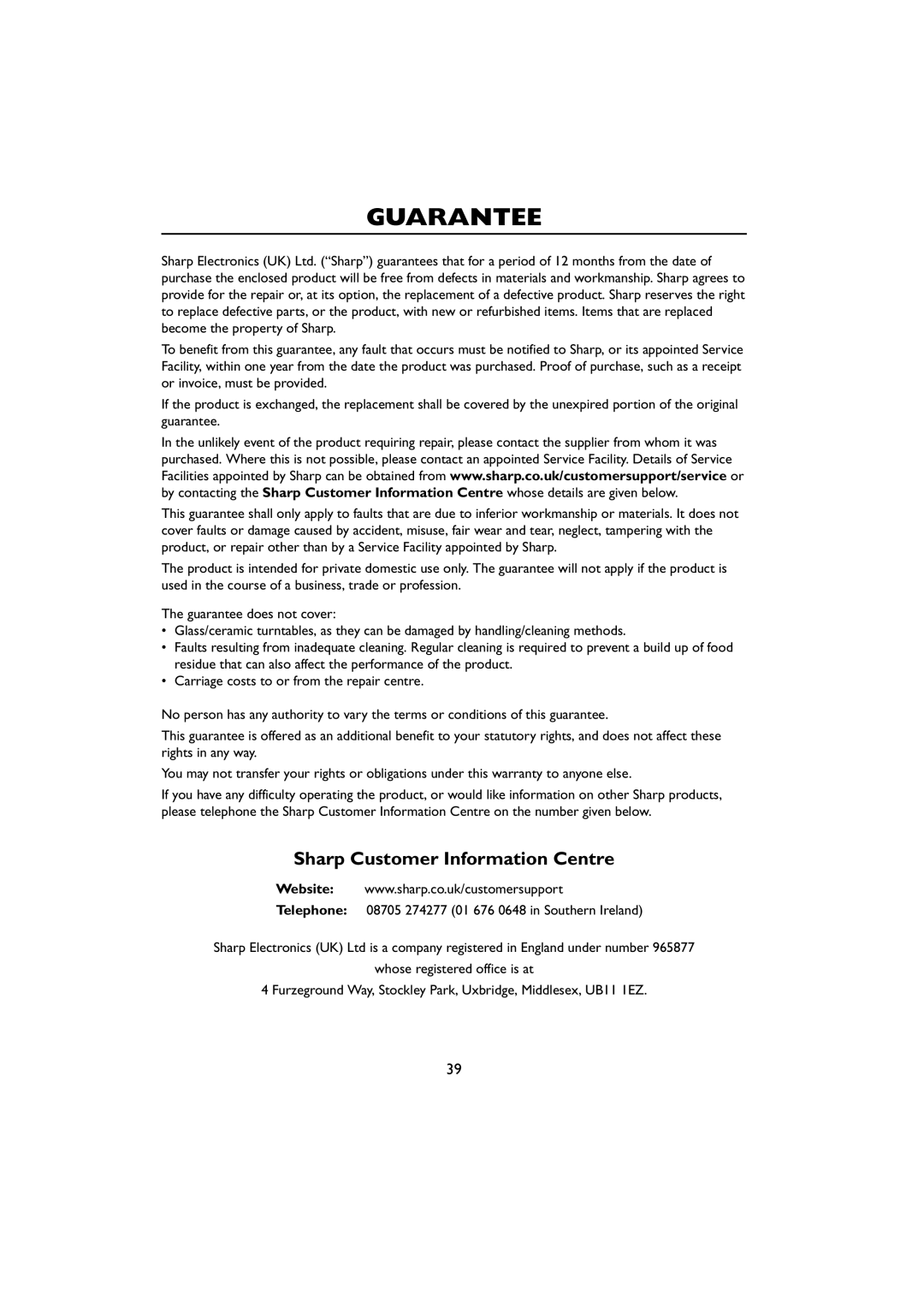 Sharp R-259 operation manual Guarantee, Sharp Customer Information Centre 