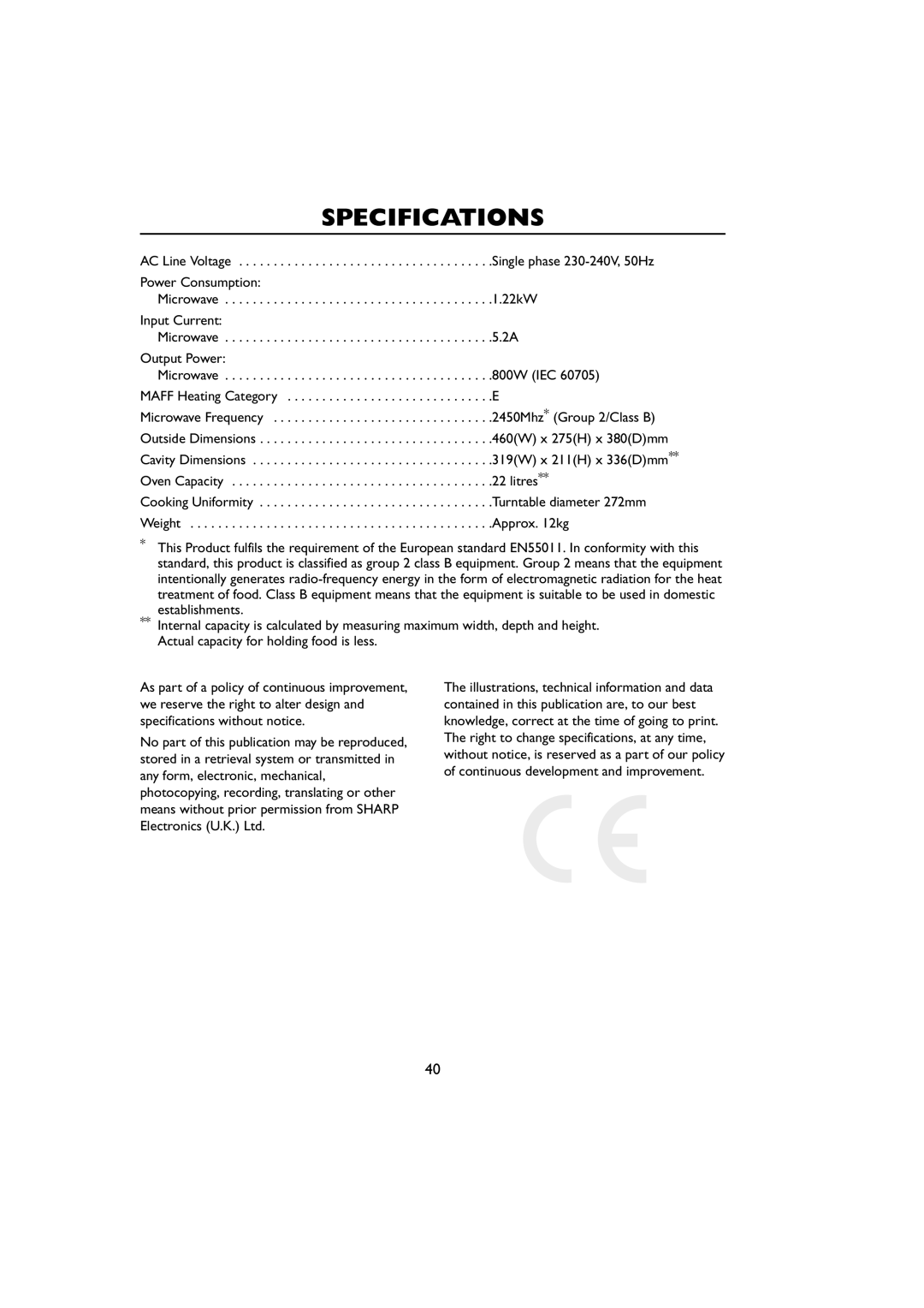 Sharp R-259 operation manual Specifications 