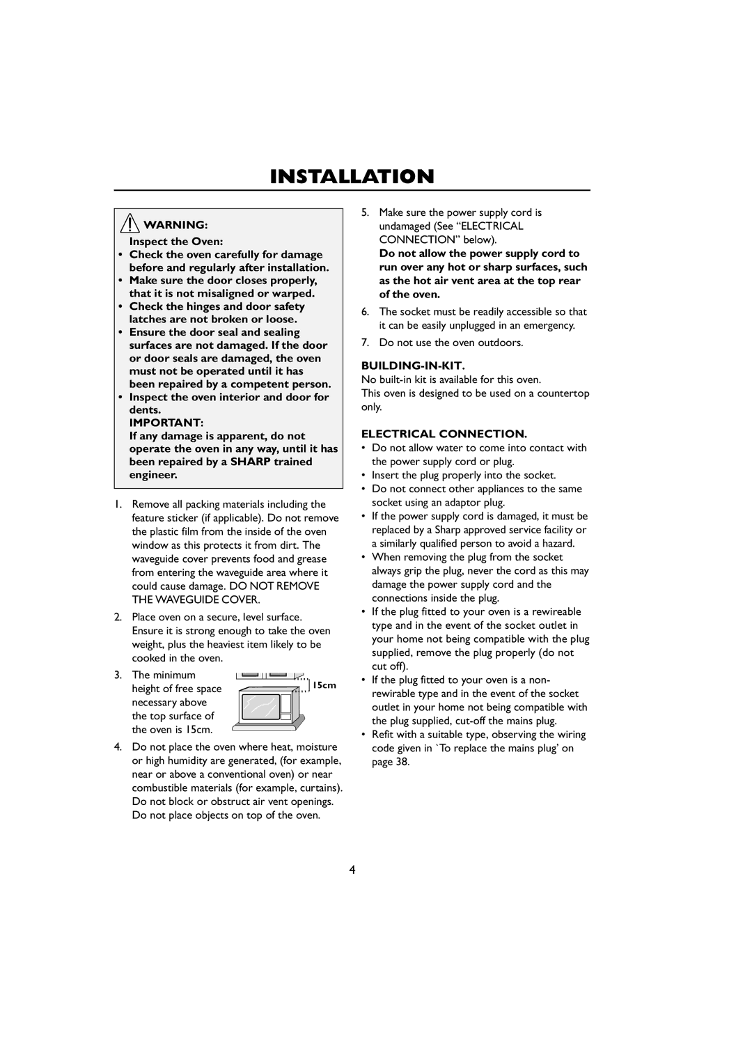 Sharp R-259 operation manual Installation, Building-In-Kit, Electrical Connection 