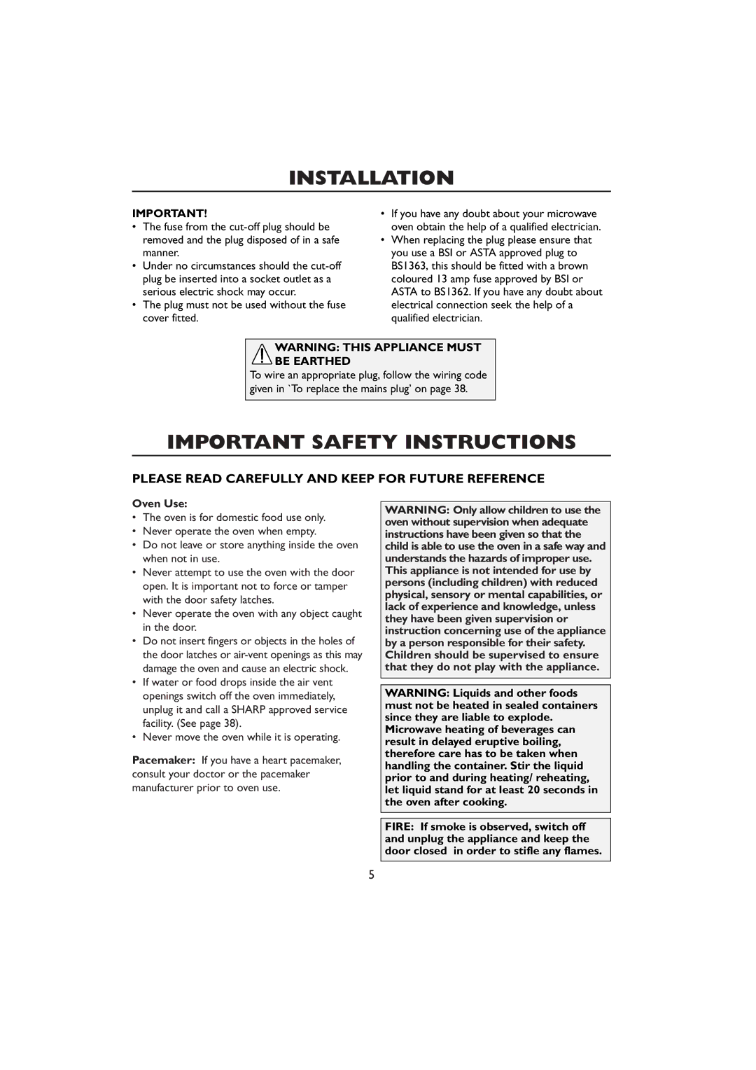 Sharp R-259 Important Safety Instructions, Plug must not be used without the fuse cover fitted, Be Earthed, Oven Use 