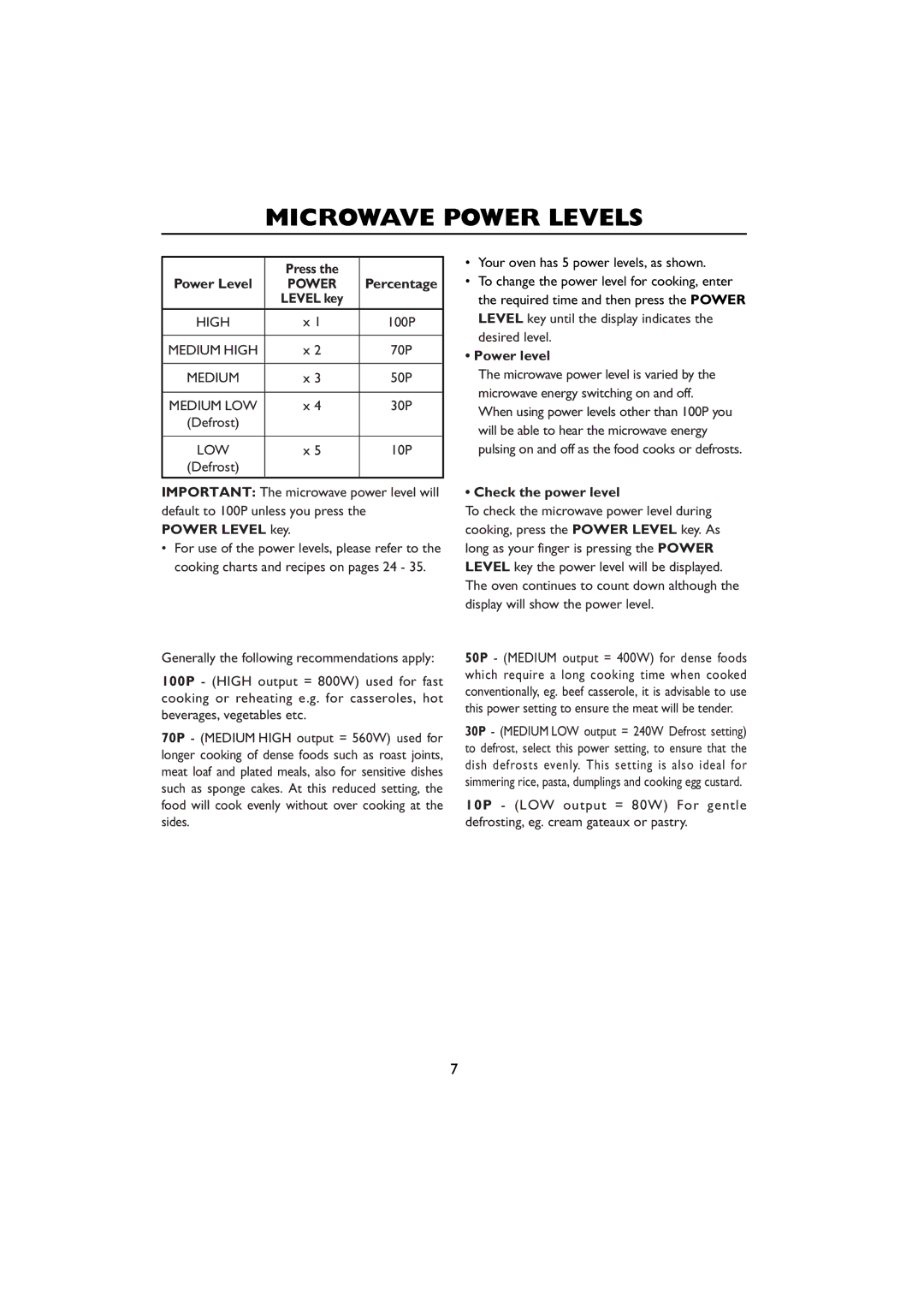 Sharp R-259 operation manual Microwave Power Levels, Power Level Press Percentage, Power level, Check the power level 