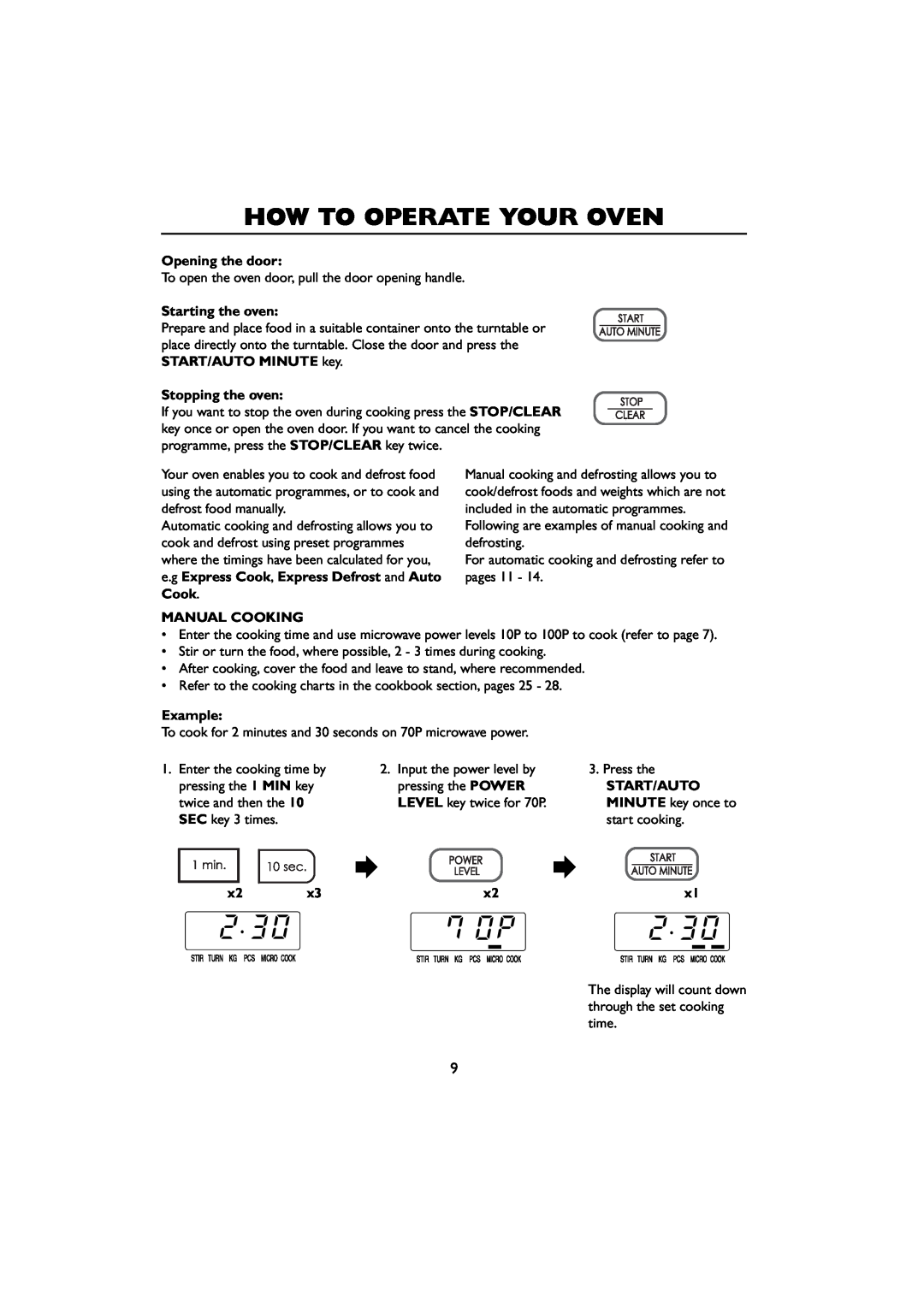 Sharp R-259 How To Operate Your Oven, Opening the door, Starting the oven, Stopping the oven, Cook MANUAL COOKING, Example 