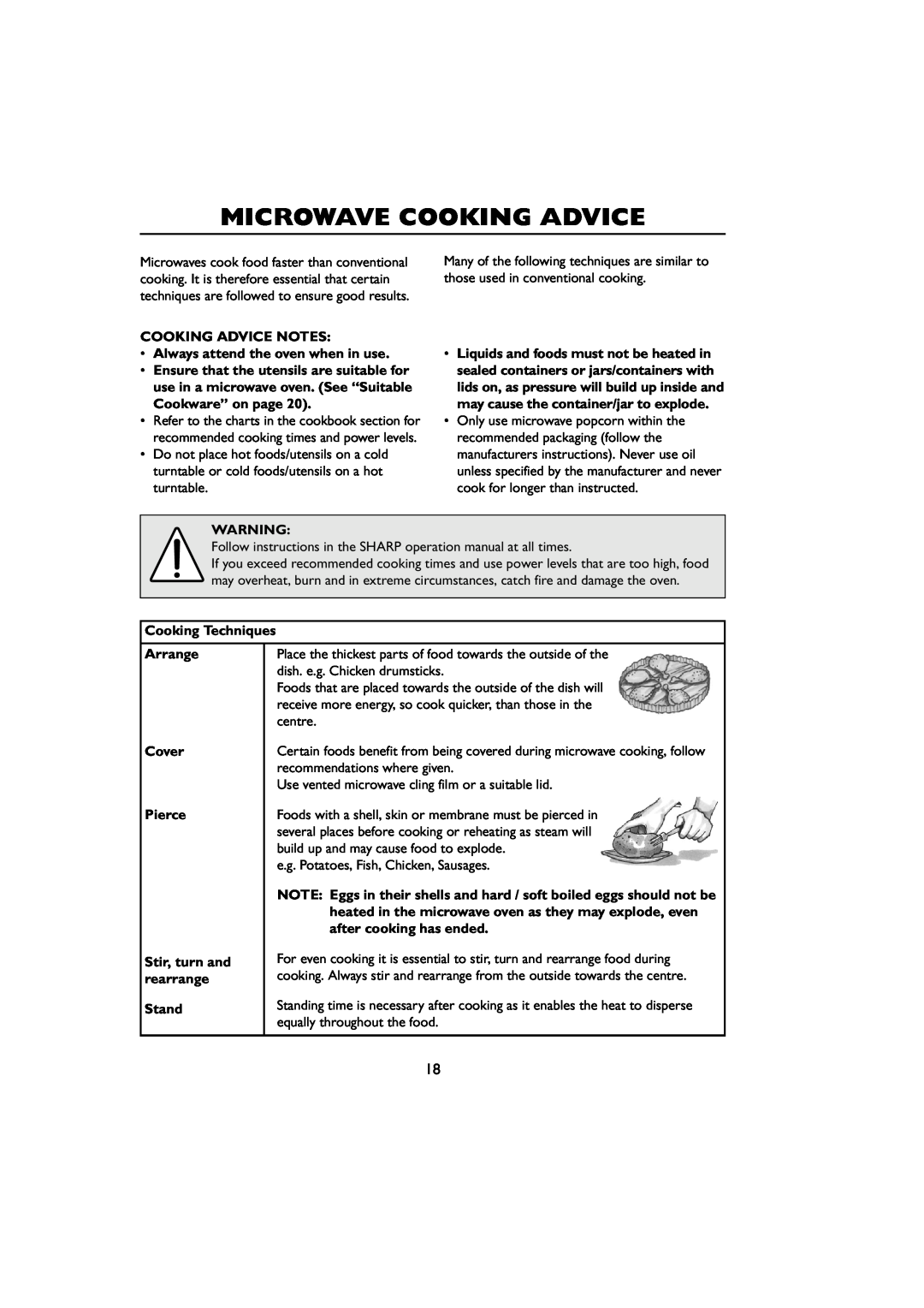 Sharp R-259 Microwave Cooking Advice, COOKING ADVICE NOTES Always attend the oven when in use, Cooking Techniques, Arrange 